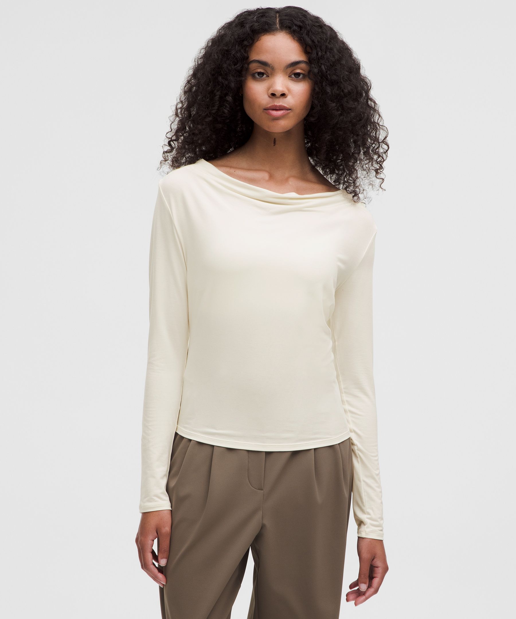 Modal-Silk Cowl-Neck Long-Sleeve Shirt