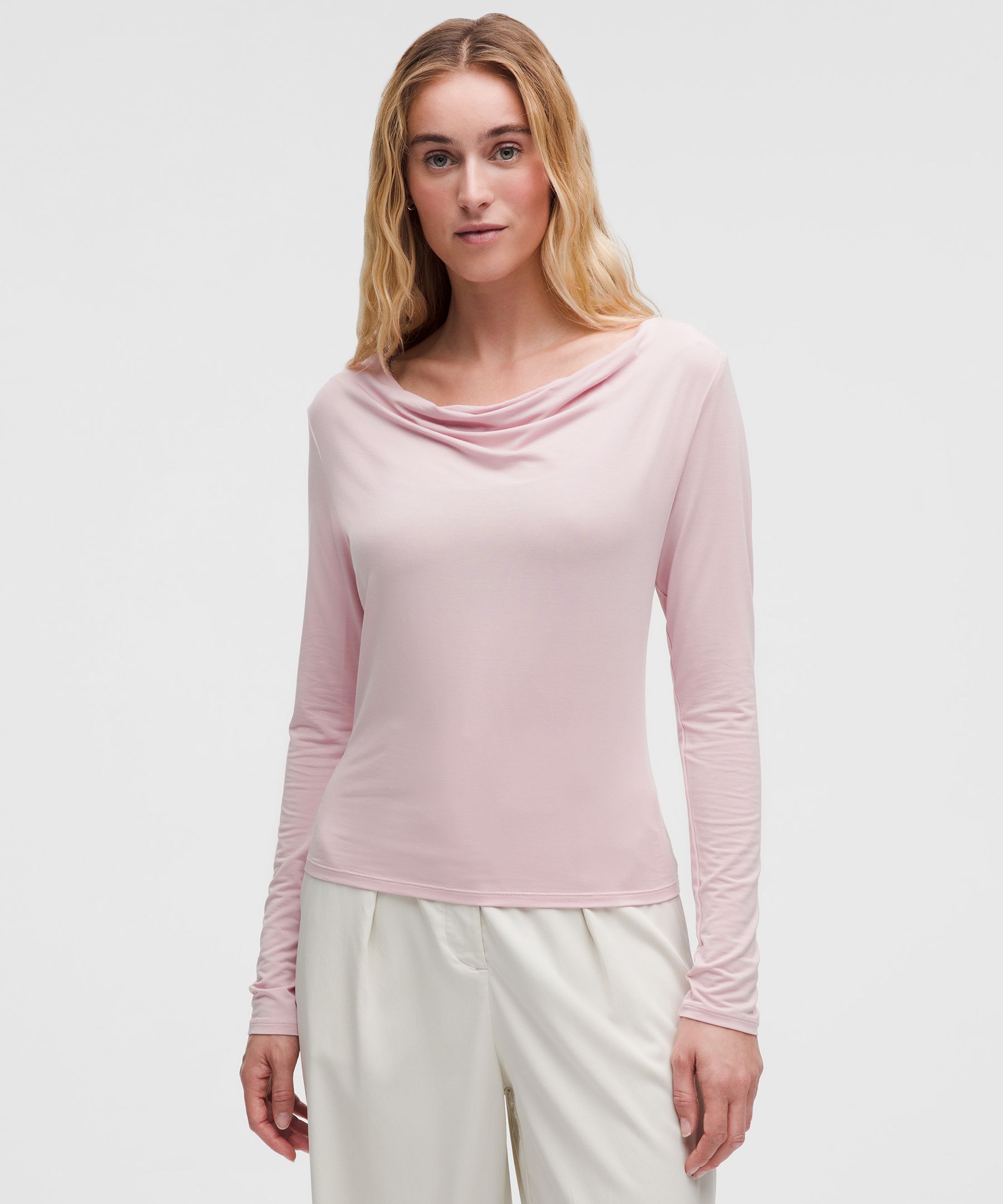 Modal-Silk Cowl-Neck Long-Sleeve Shirt - Pink