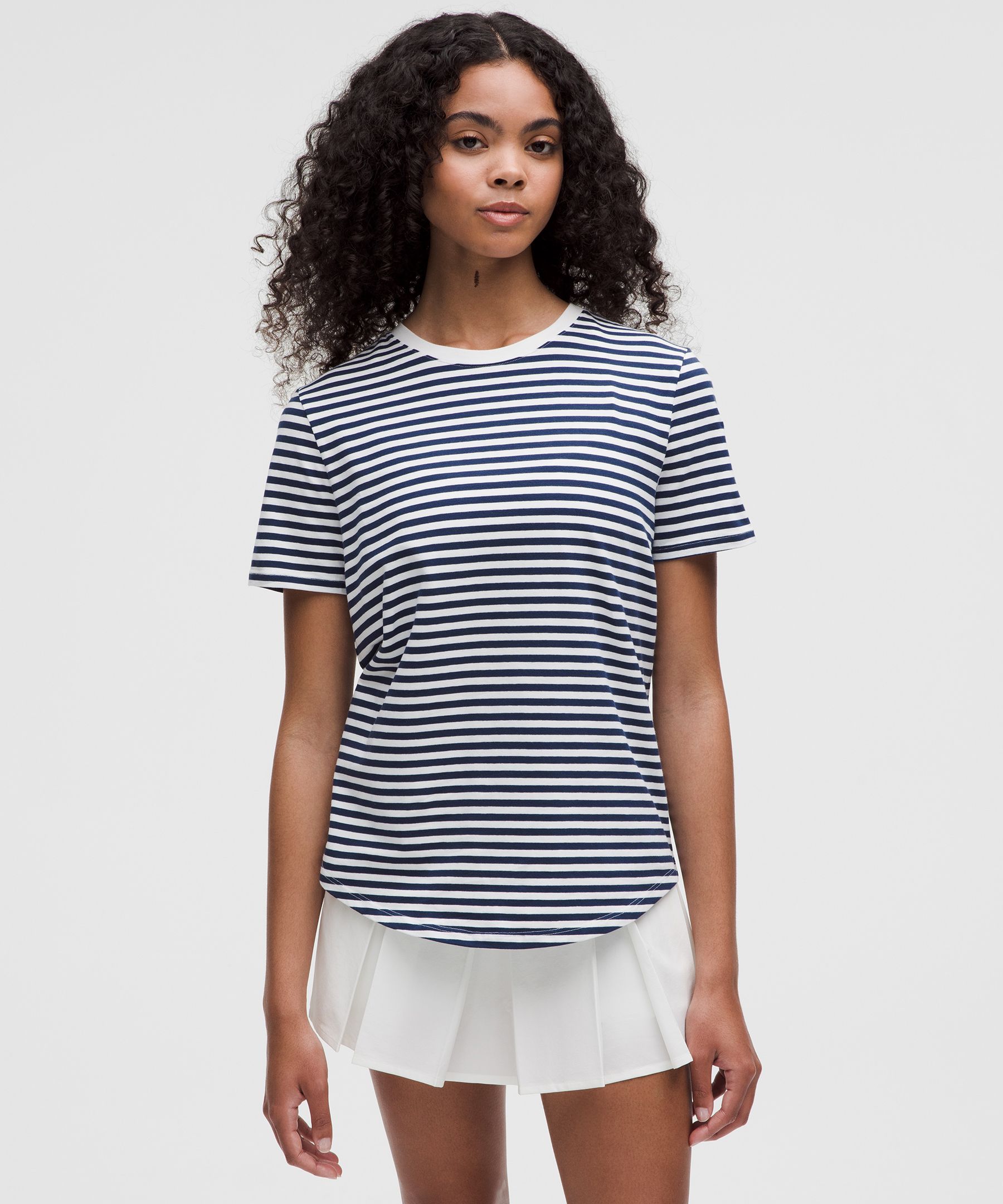 Love Curved-Hem Crewneck T-Shirt - Blue,Striped,Printed