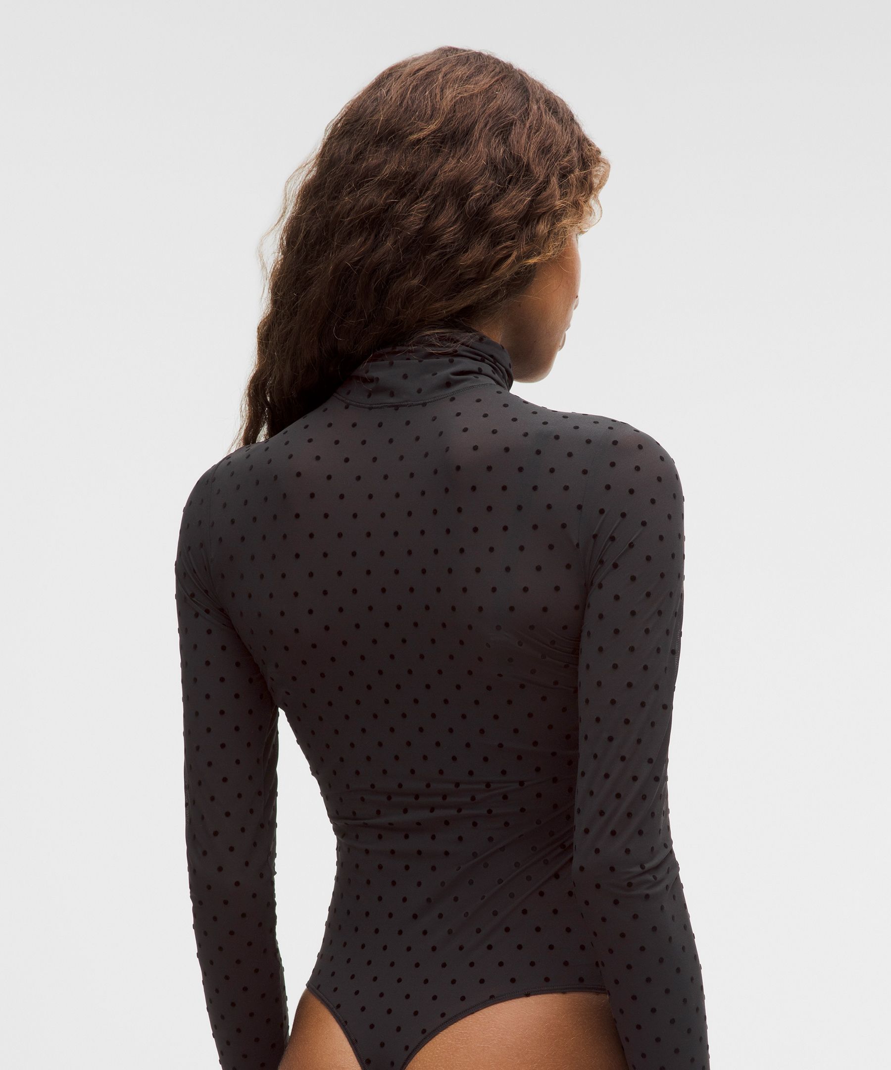 Wundermost Flocked Nulu Mesh Turtleneck Long-Sleeve Bodysuit