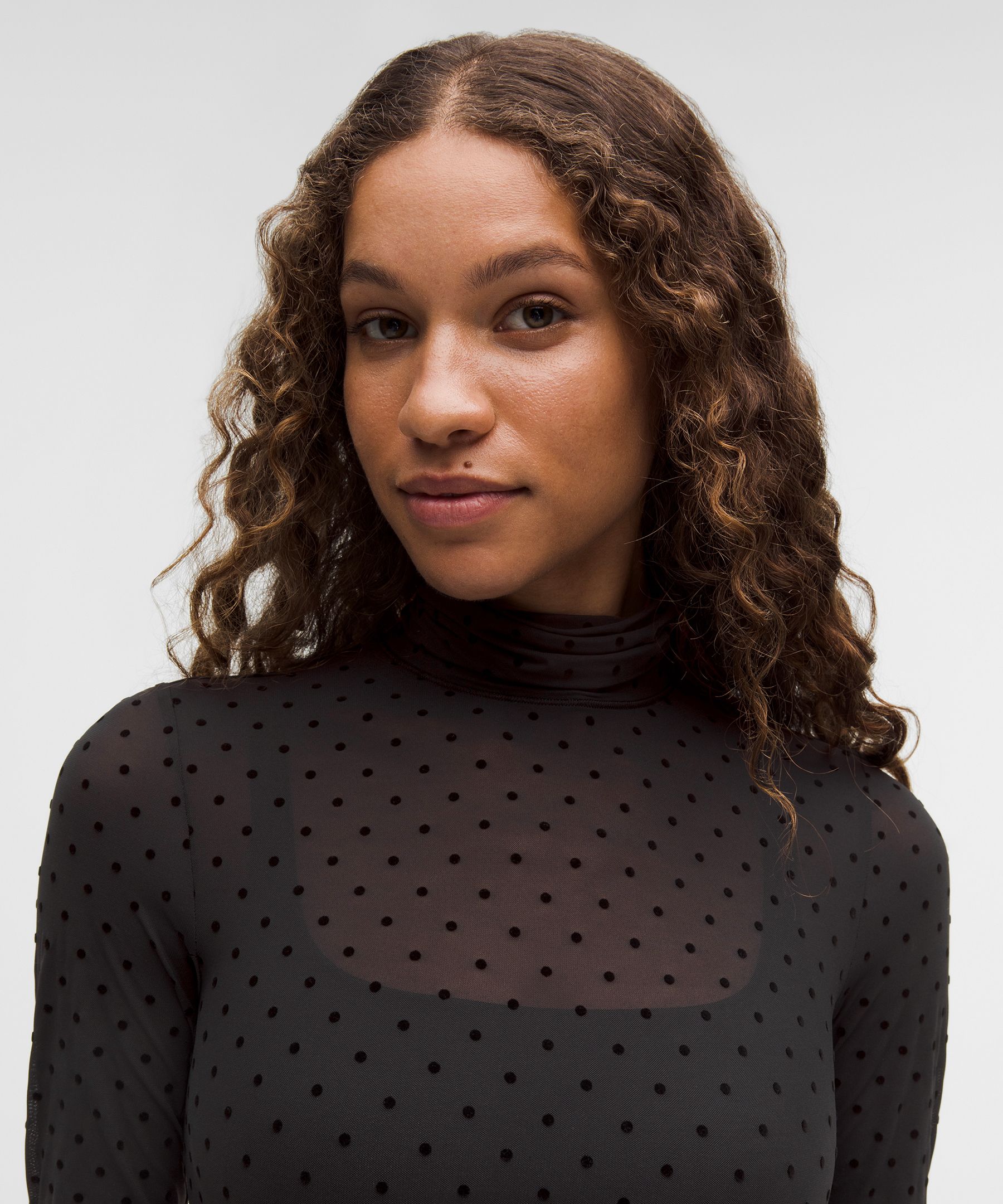 Wundermost Flocked Nulu Mesh Turtleneck Long-Sleeve Bodysuit