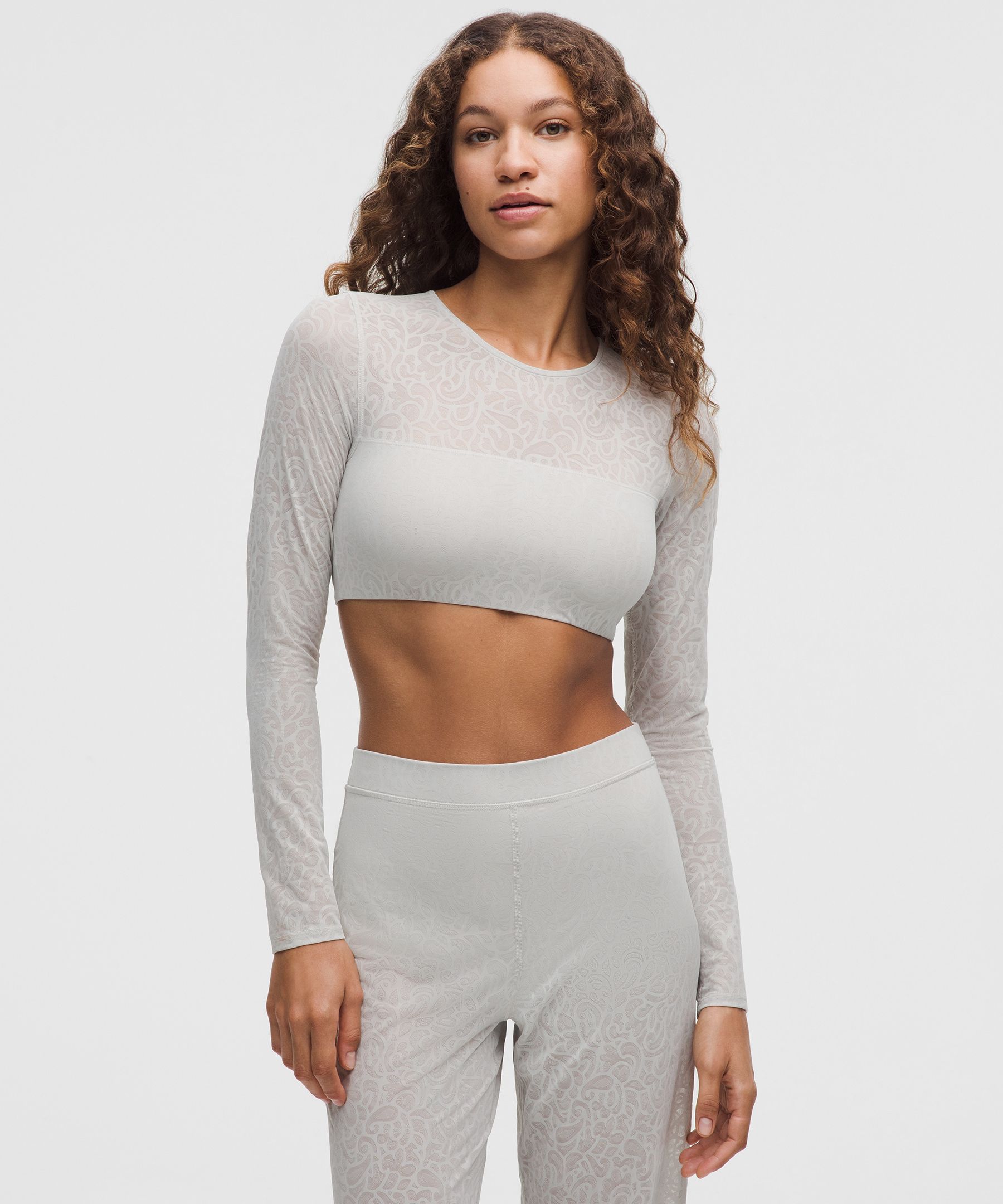 Paisley Lace Jacquard Long-Sleeve Bandeau  - Grey