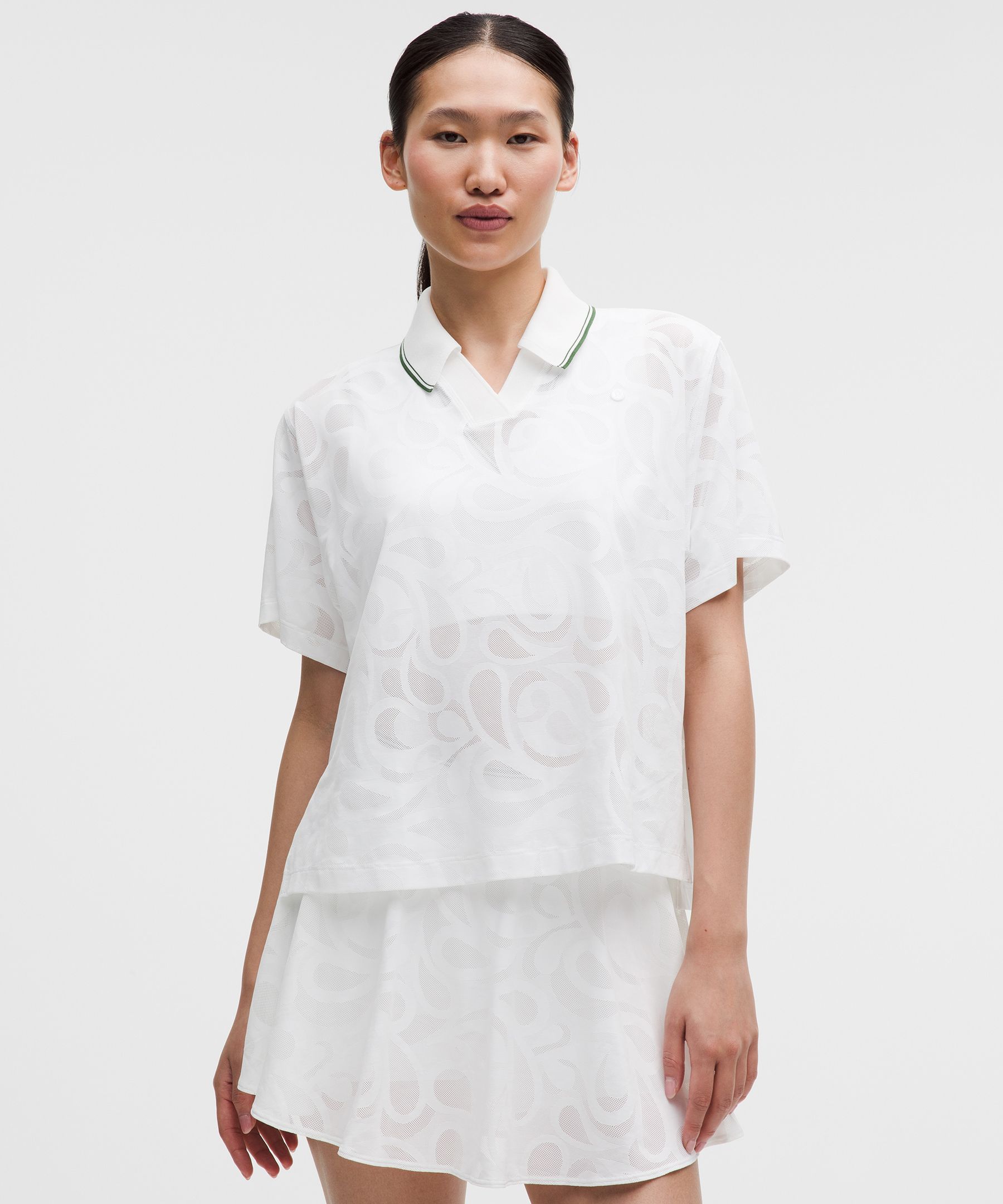 Paisley-Mesh High-Neck Tennis Polo Shirt