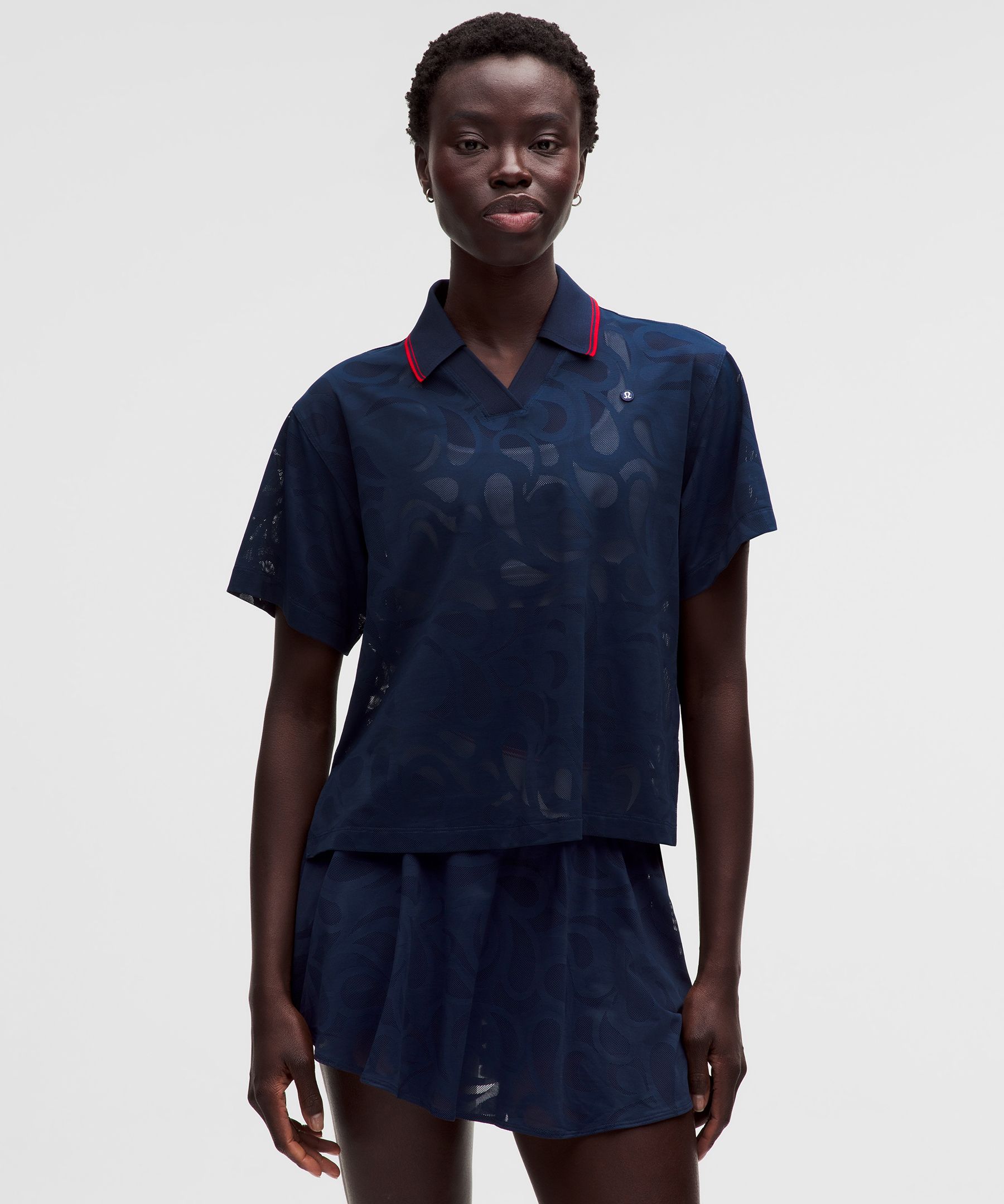 Paisley-Mesh High-Neck Tennis Polo Shirt