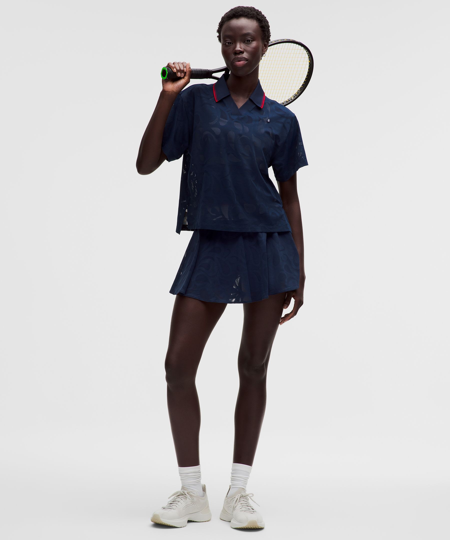 Paisley-Mesh High-Neck Tennis Polo Shirt
