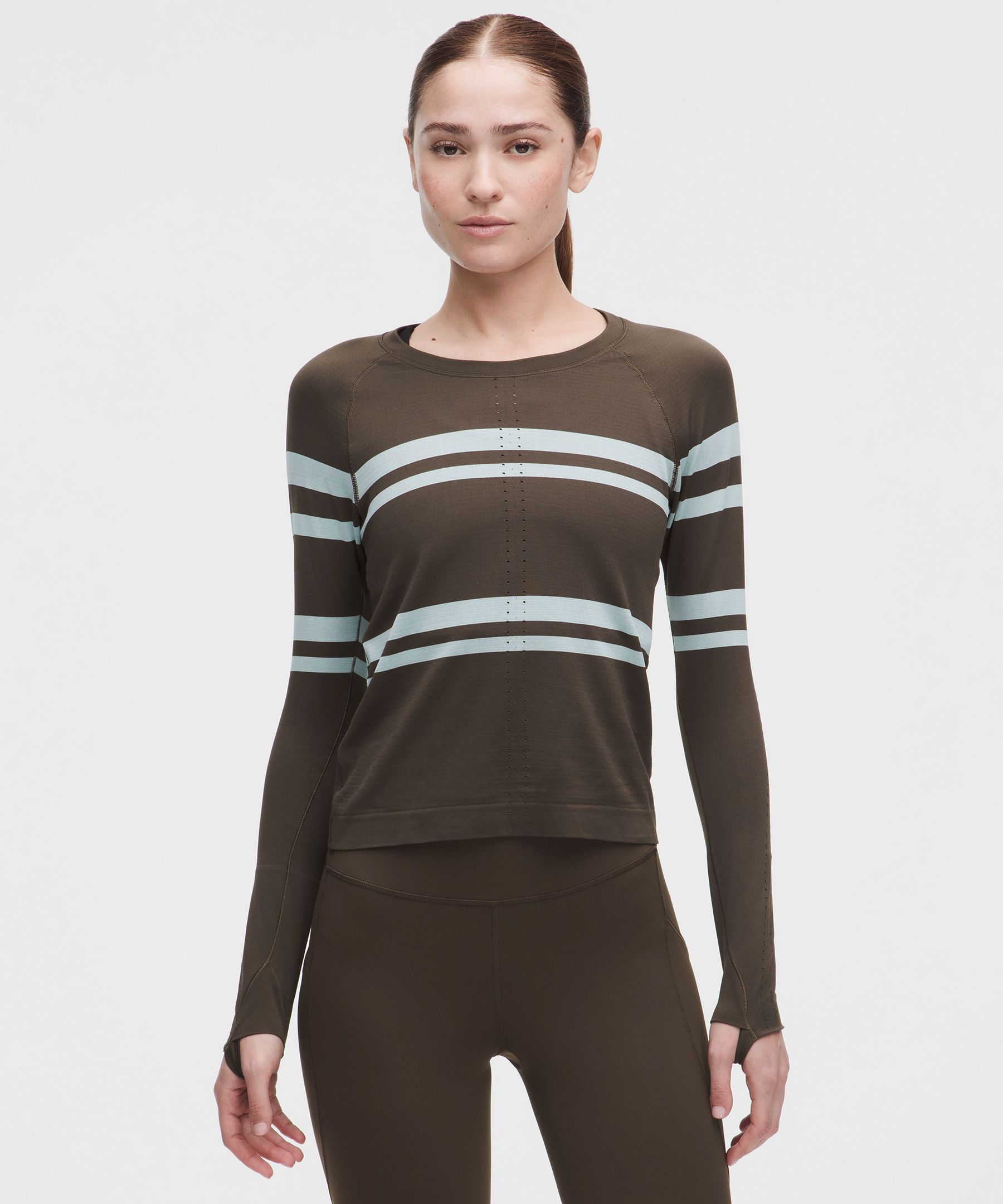 lululemon – Women’s Swiftly Tech Long-Sleeve Shirt 2.0 Waist Length Stripe – Color Brown – Size 16