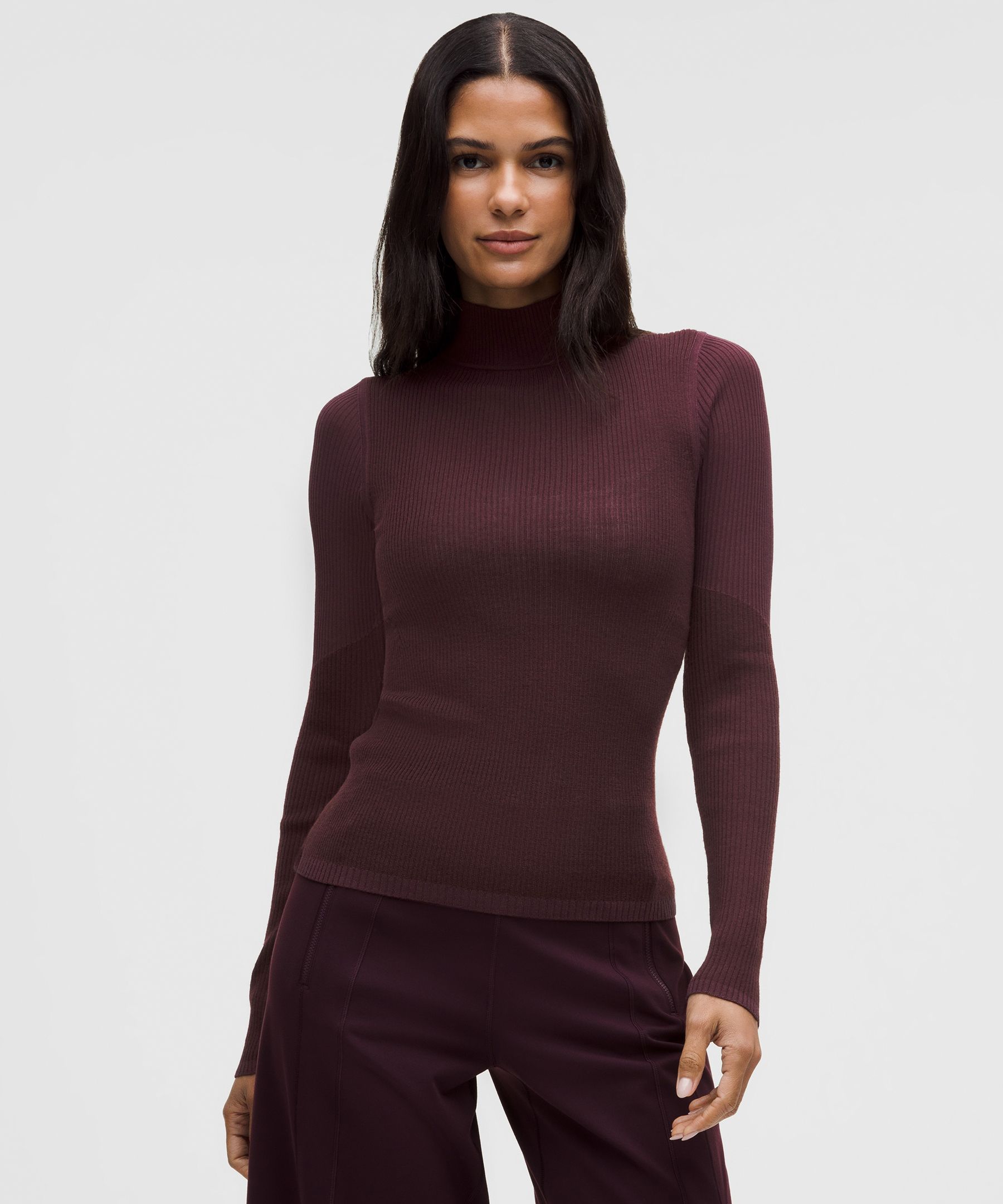 Lululemon Ribbed Merino-blend Turtleneck Sweater In Burgundy