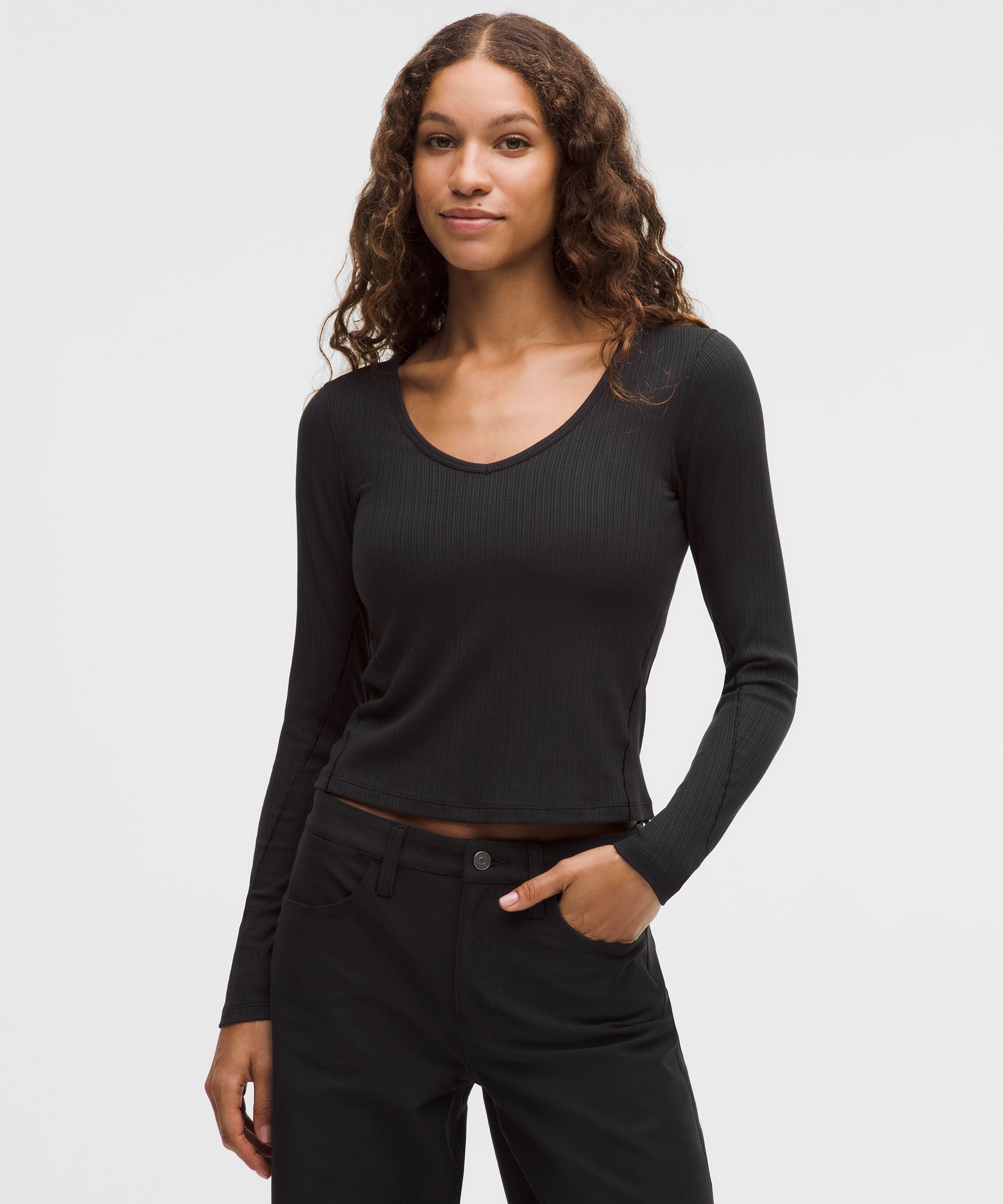 Hold Tight Micro-Rib V-Neck Long-Sleeve Shirt