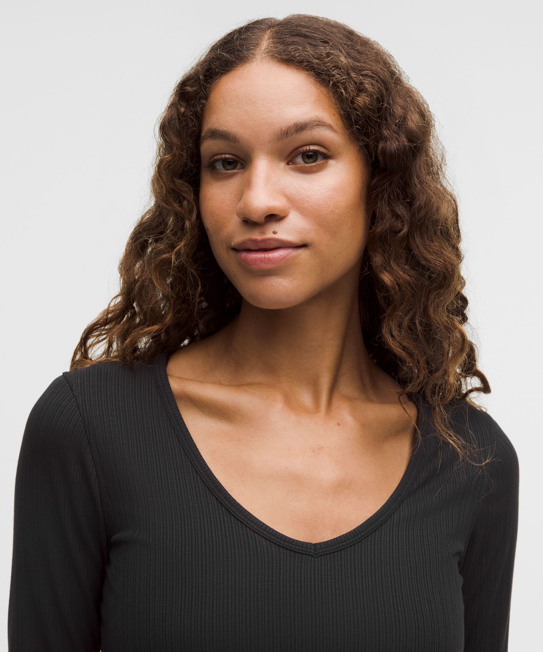 Hold Tight Micro-Rib V-Neck Long-Sleeve Shirt