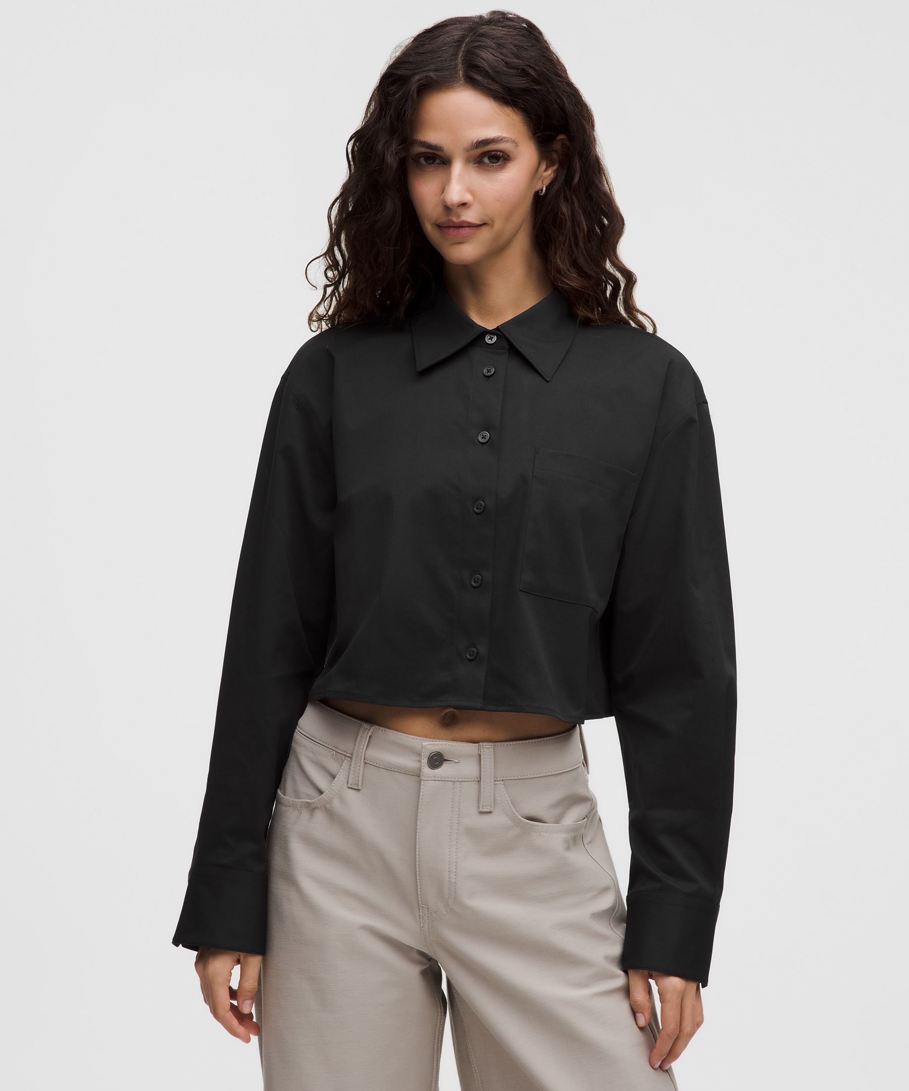 Woven Cropped Button-Up Long-Sleeve Shirt