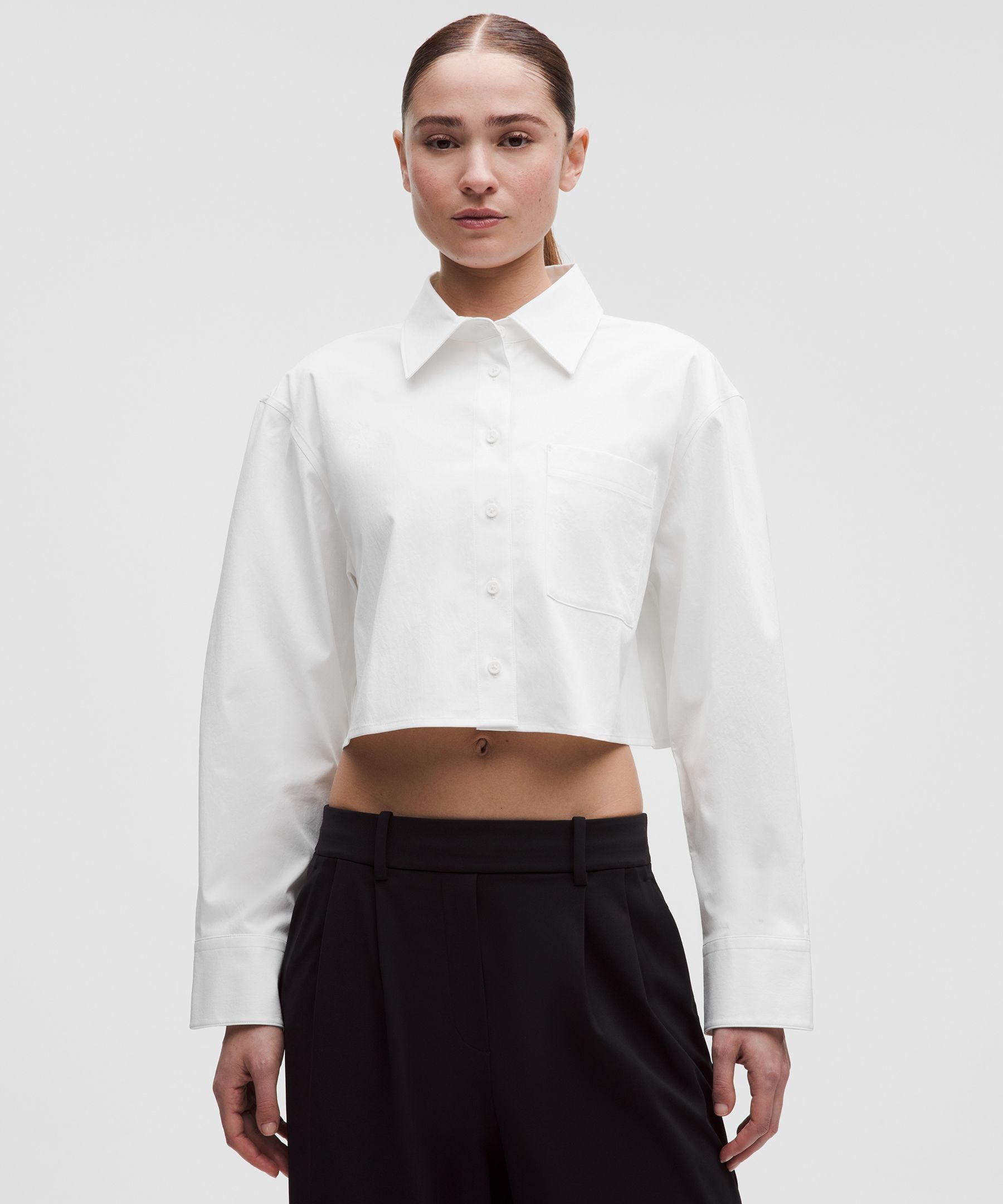Woven Cropped Button-Up Long-Sleeve Shirt