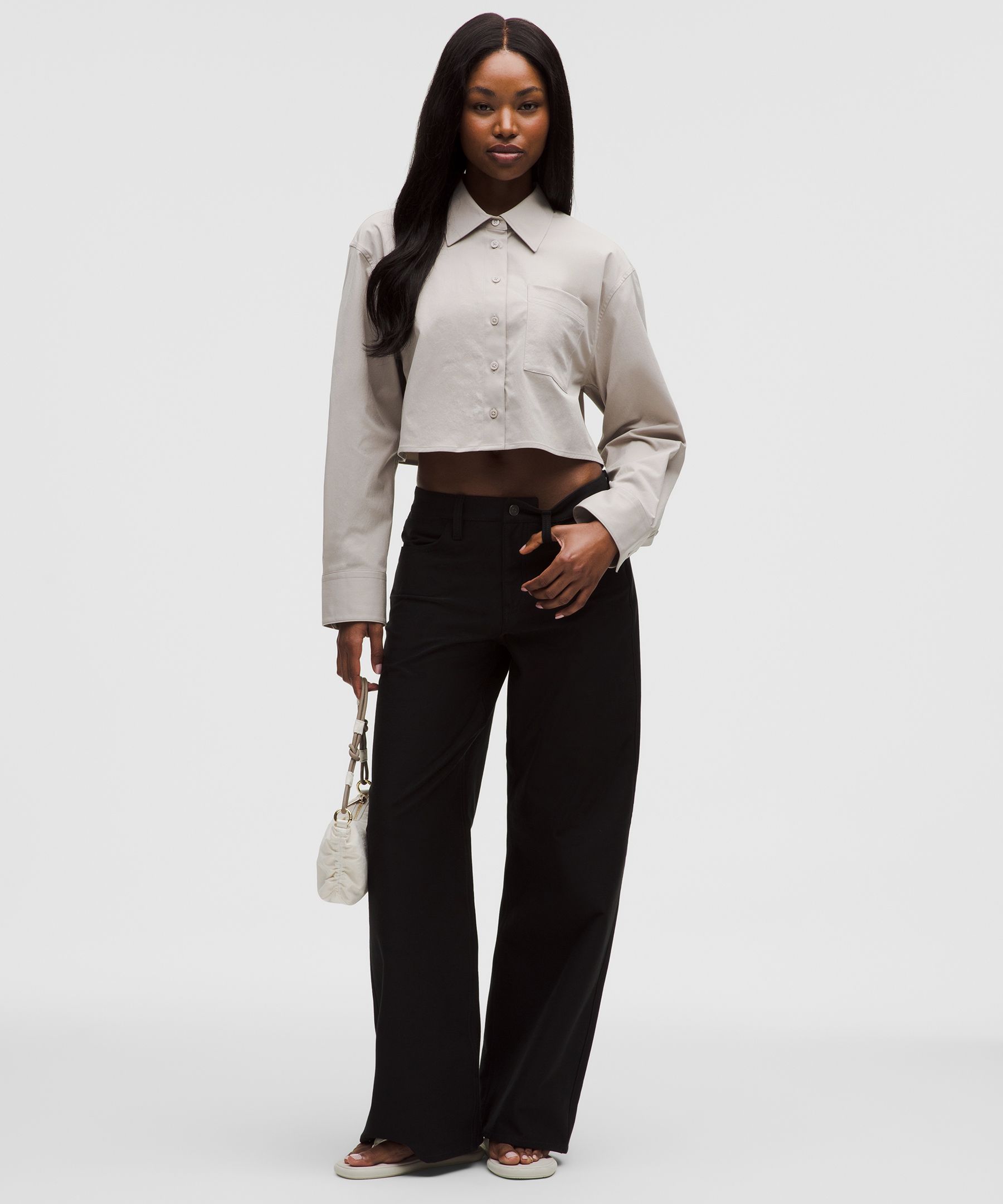 Woven Cropped Button-Up Long-Sleeve Shirt