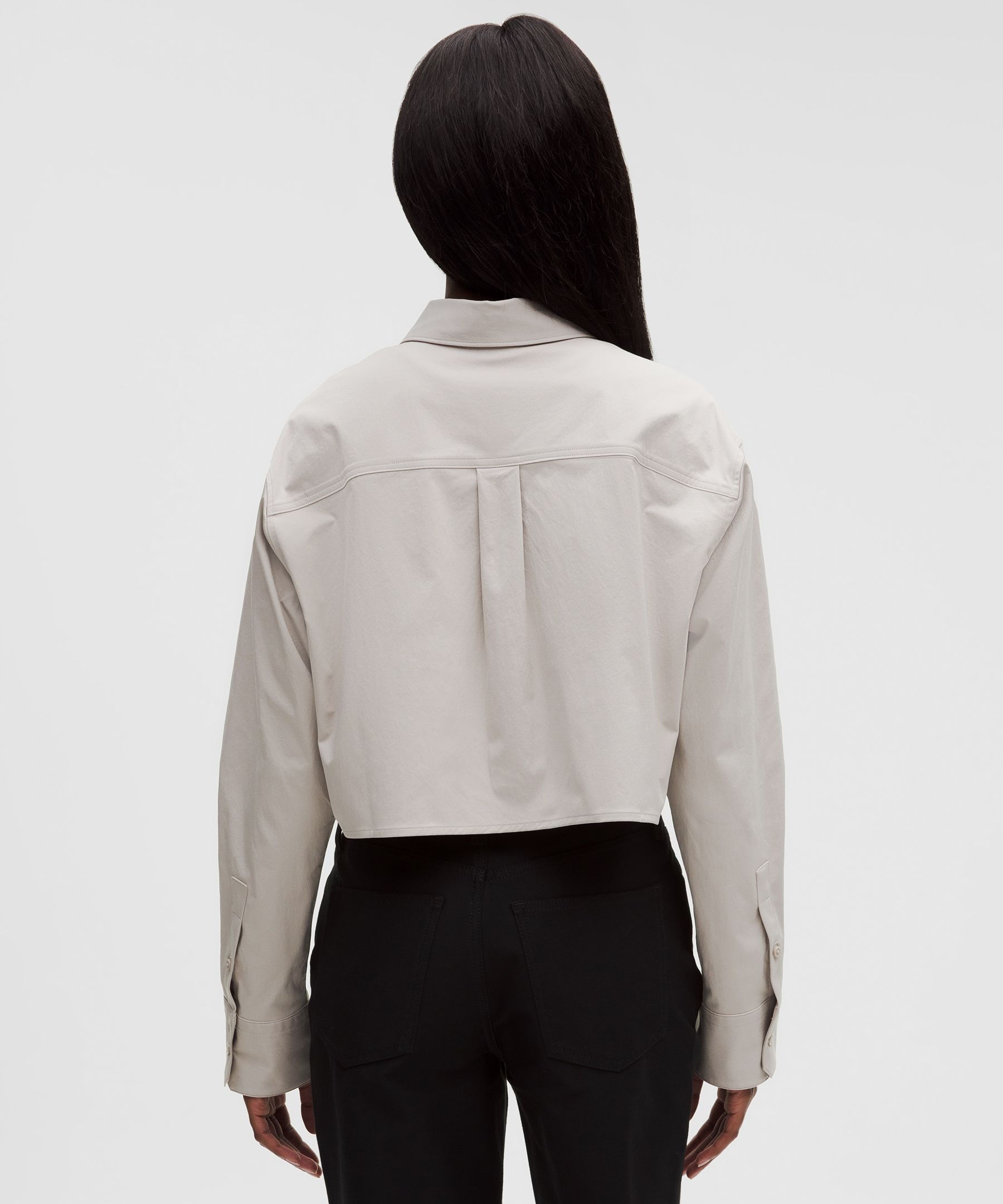 Woven Cropped Button-Up Long-Sleeve Shirt