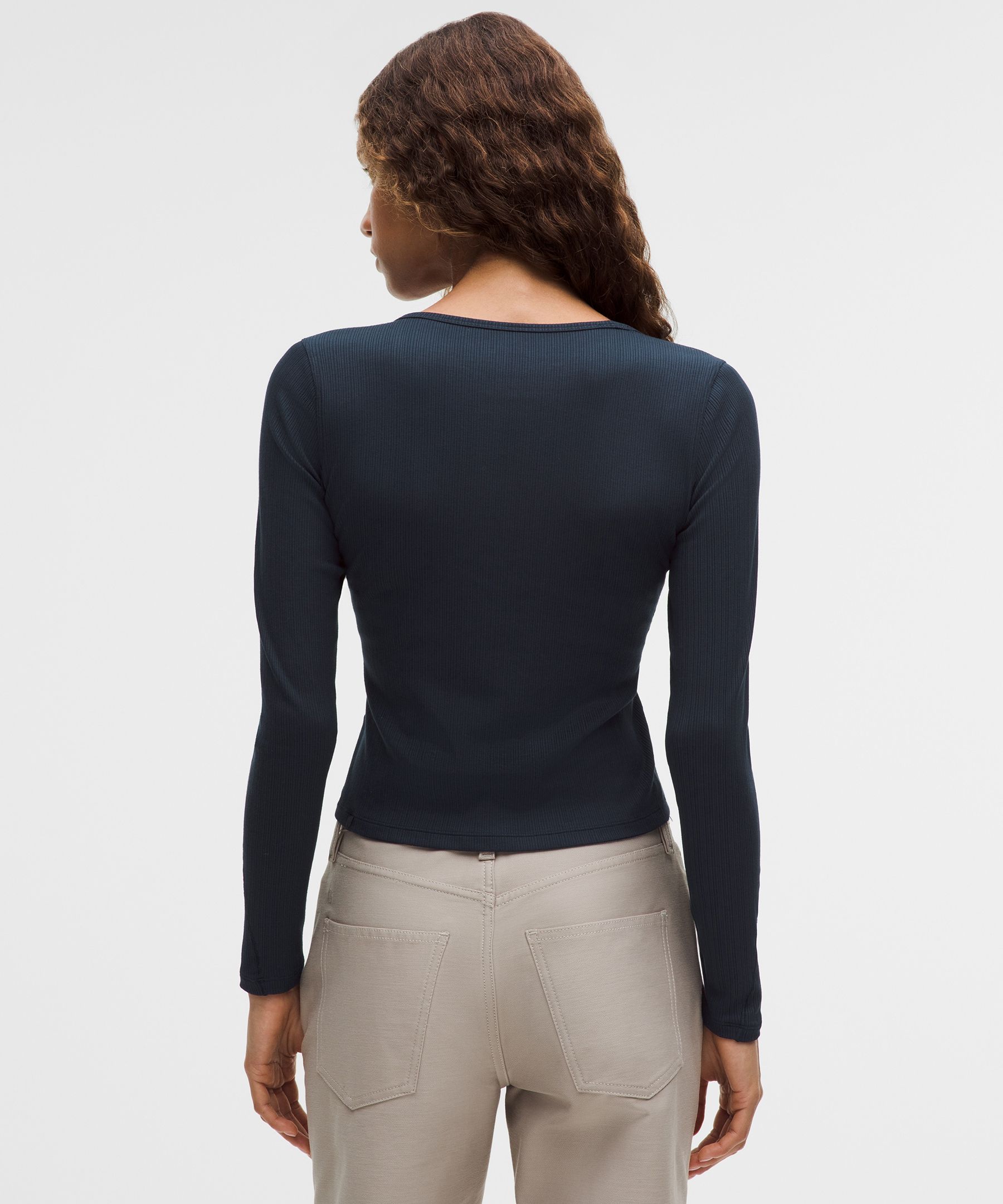 Hold Tight Micro-Rib V-Neck Long-Sleeve Shirt