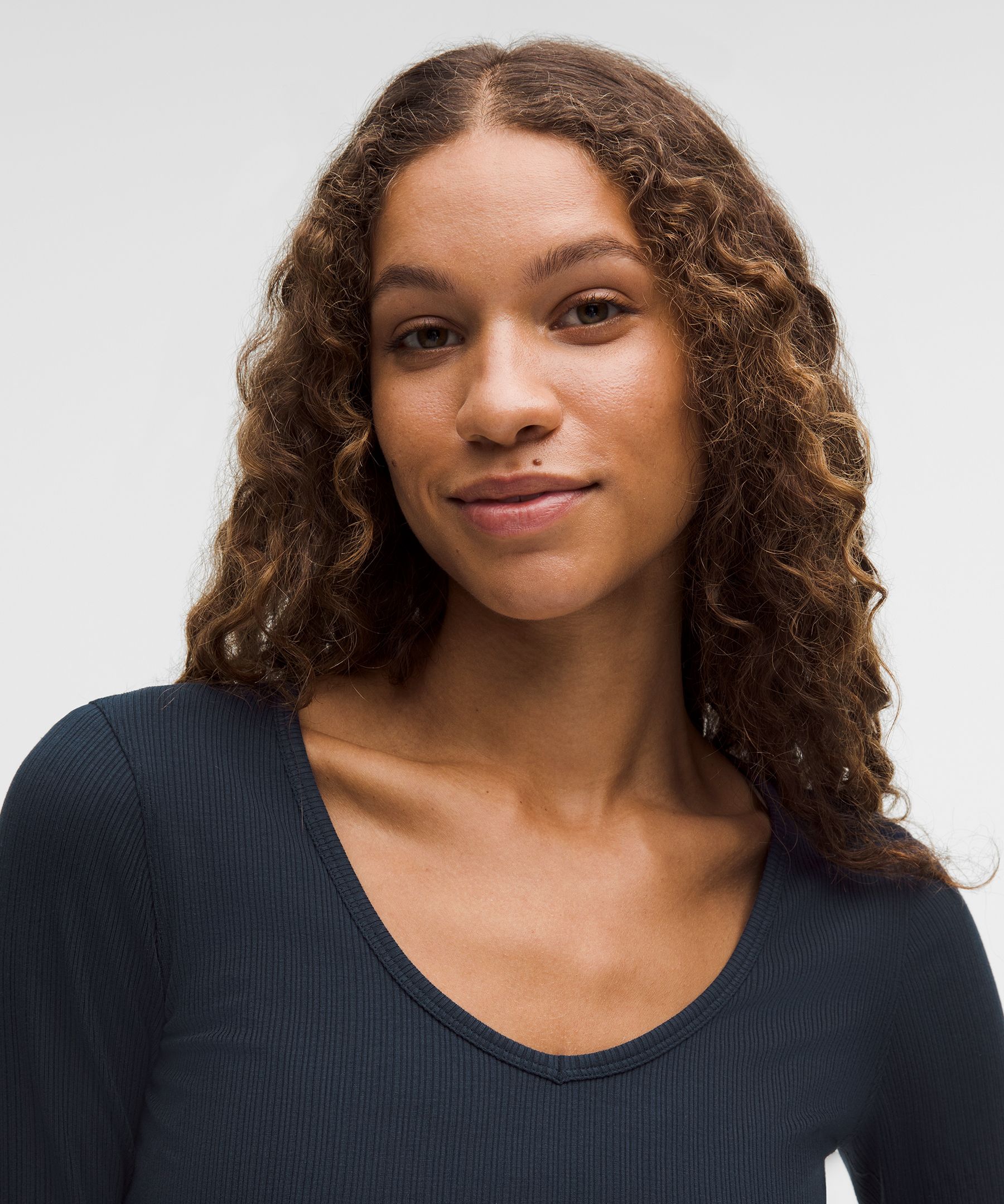 Hold Tight Micro-Rib V-Neck Long-Sleeve Shirt