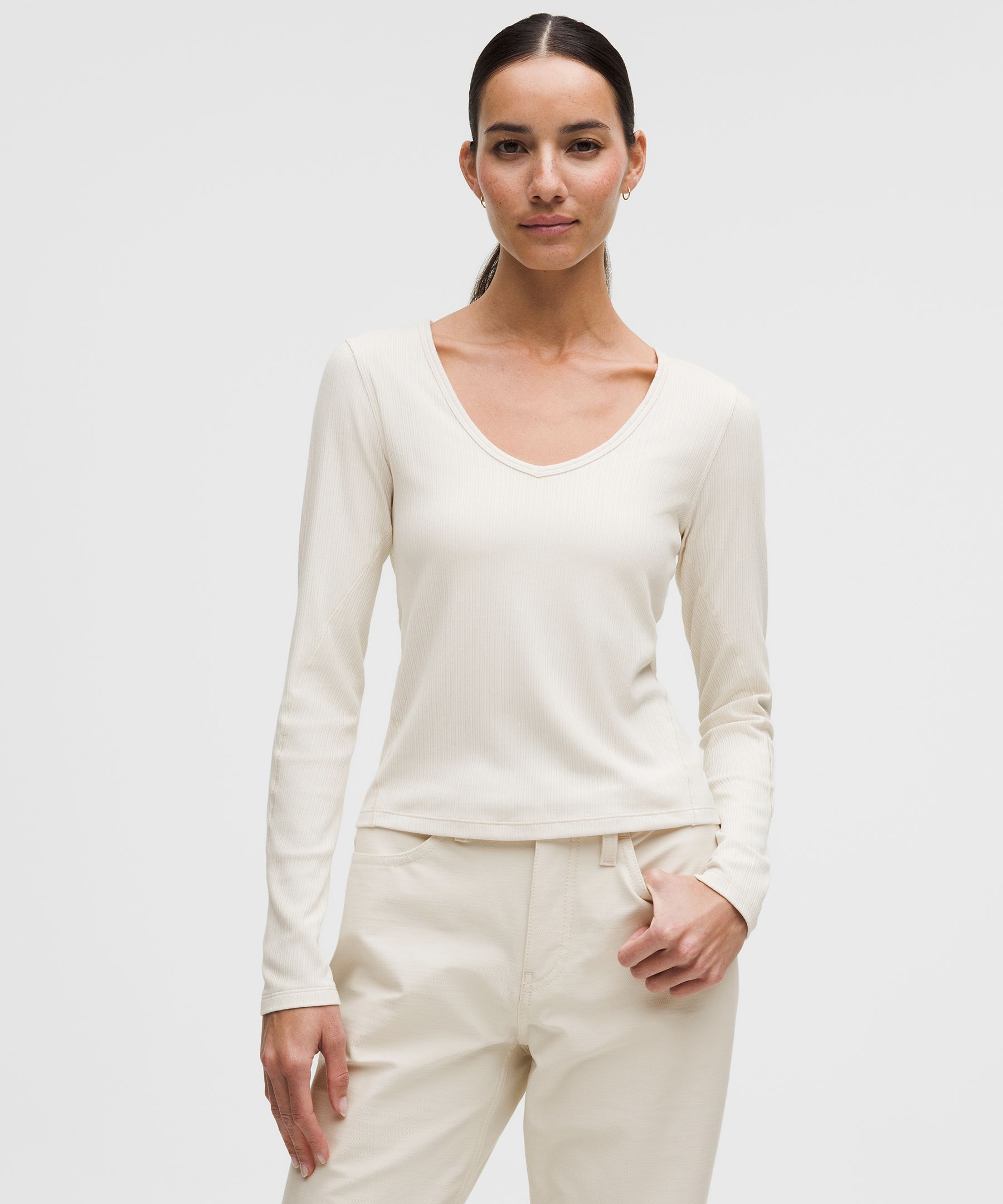 Hold Tight Micro-Rib V-Neck Long-Sleeve Shirt