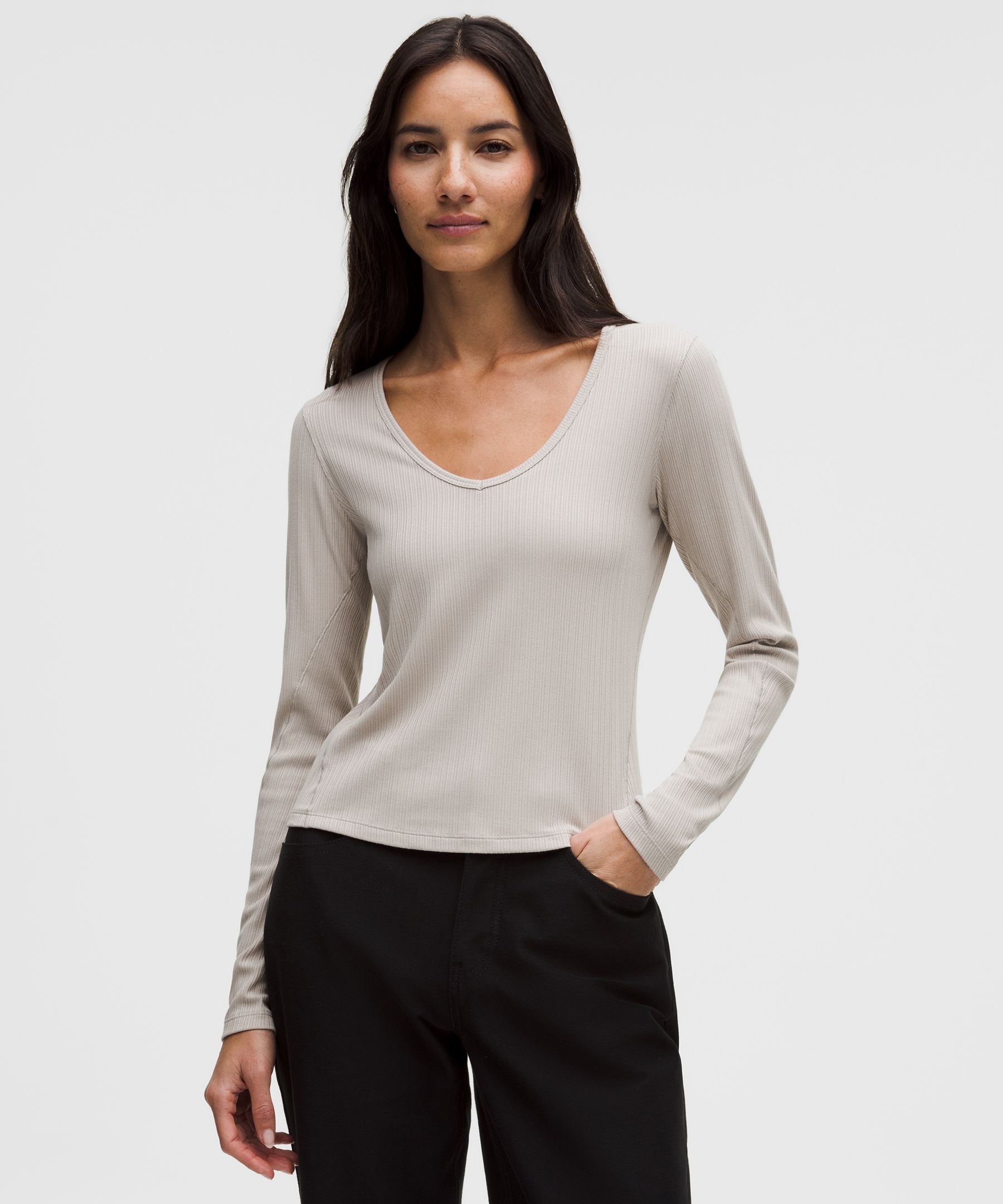 Hold Tight Micro-Rib V-Neck Long-Sleeve Shirt