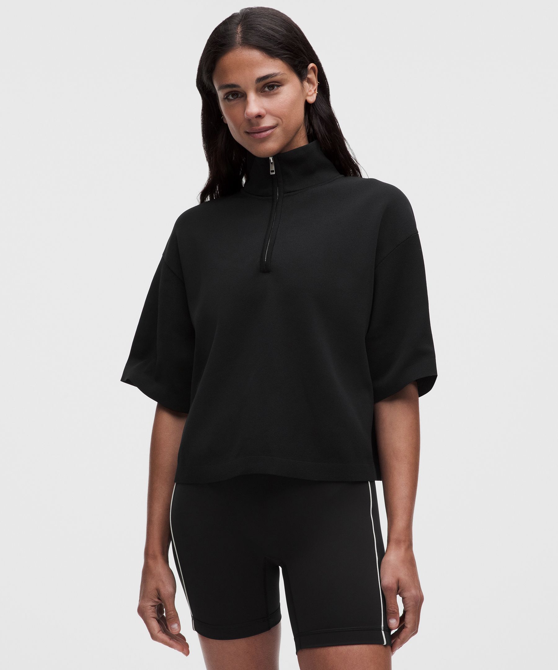 Structured Knit Half-Zip Short-Sleeve Shirt