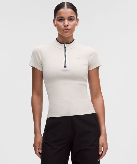 Женская рубашка Lululemon Knit Golf Mockneck Short-Sleeve Shirt, цвет: Светлая слоновая кость / Тёмно-синий