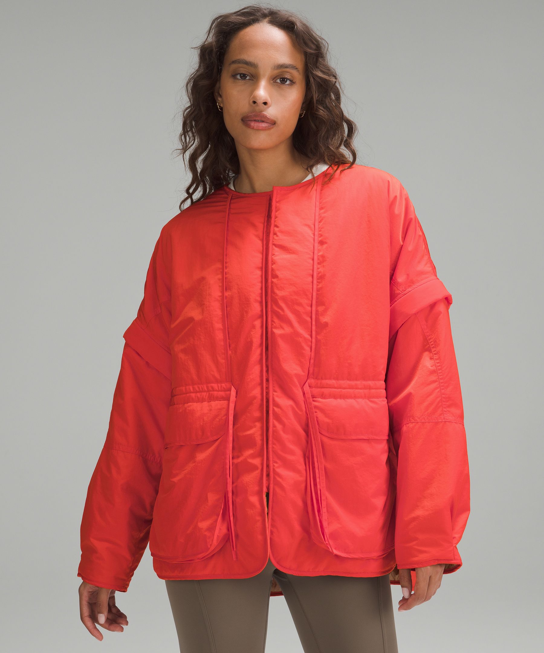 Lululemon Orange Red Light Hooded Jacket Size 8 Ruffle Trim Thumb Holes