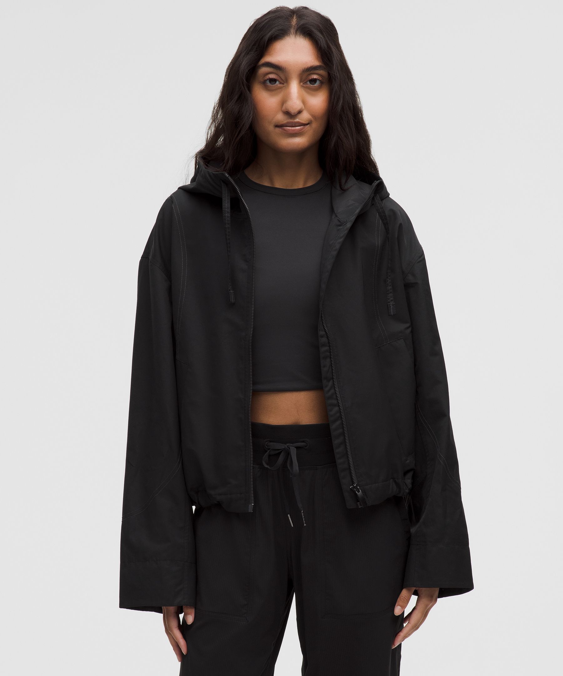 Water-Resistant Cropped Hooded Jacket - Black,Neutral