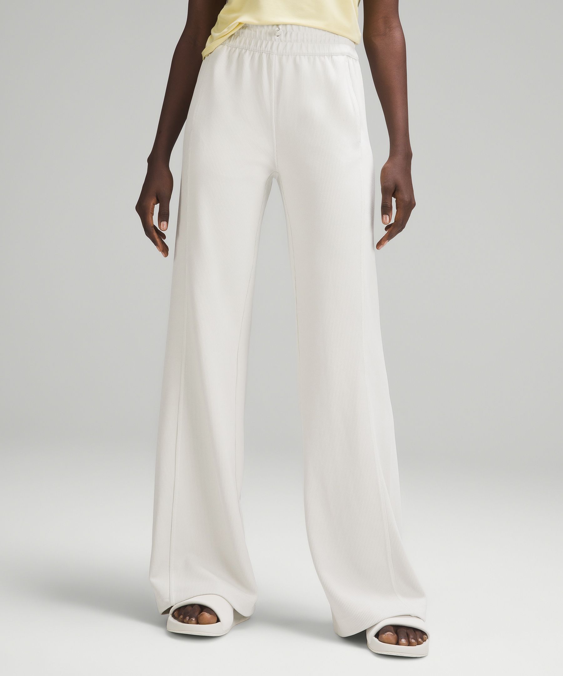 Softstreme full length pants in Bone + Aling tee in Ocean air