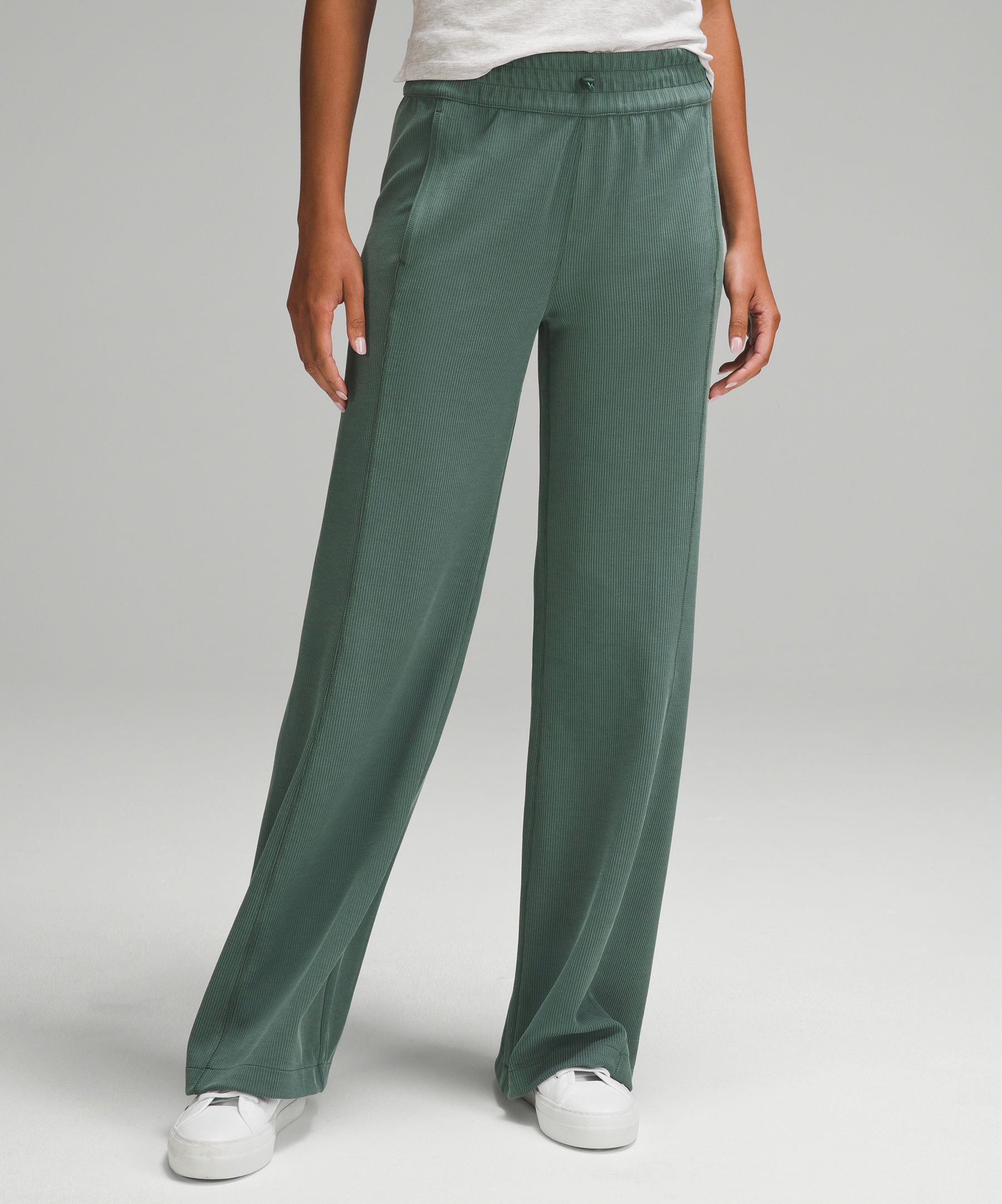 Women's Mid-Rise Straight Leg Cozy Rib Lounge Pants (Green, L)