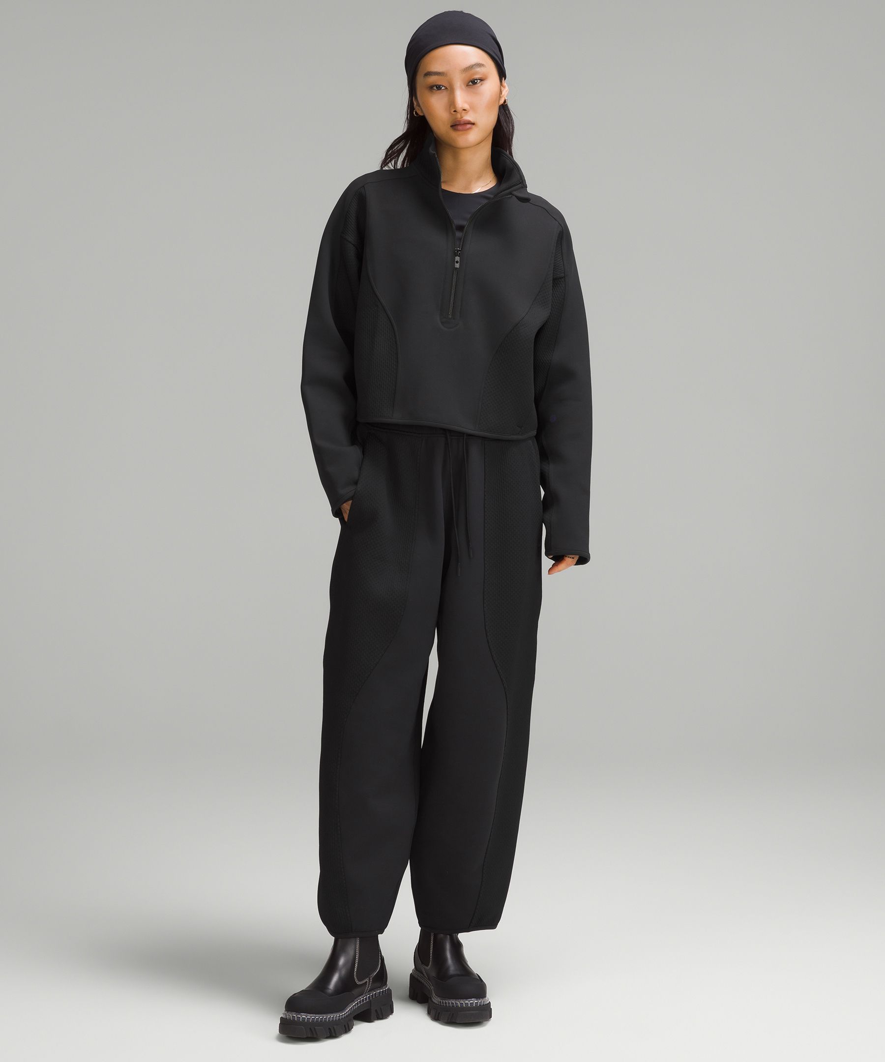 Mixed Fabric Relaxed-Fit Tapered High-Rise Pant