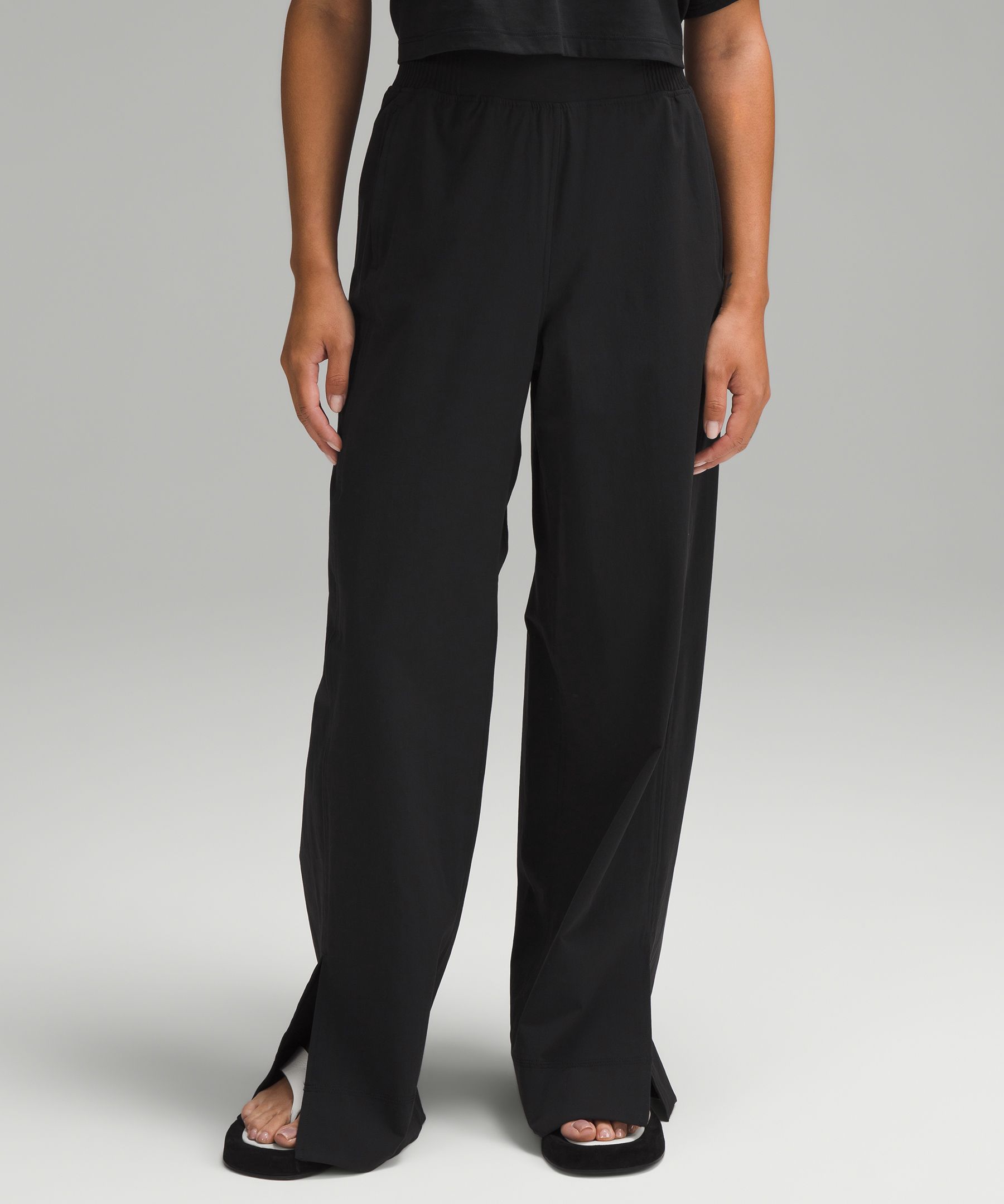 Black Woven Fold Over Waist Wide Leg Pants