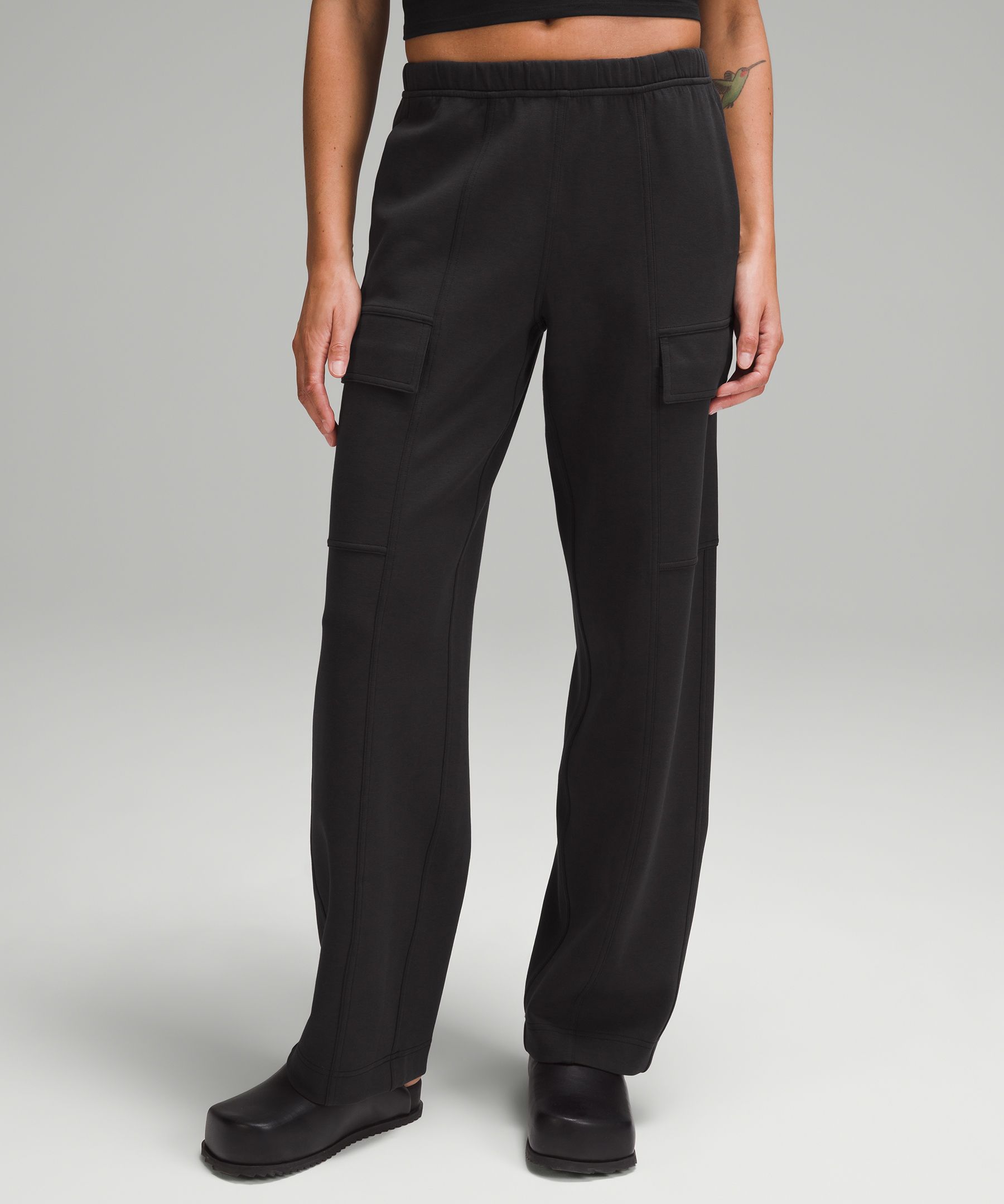 Lululemon Cotton-blend Double-knit Mid-rise Cargo Pants In Black