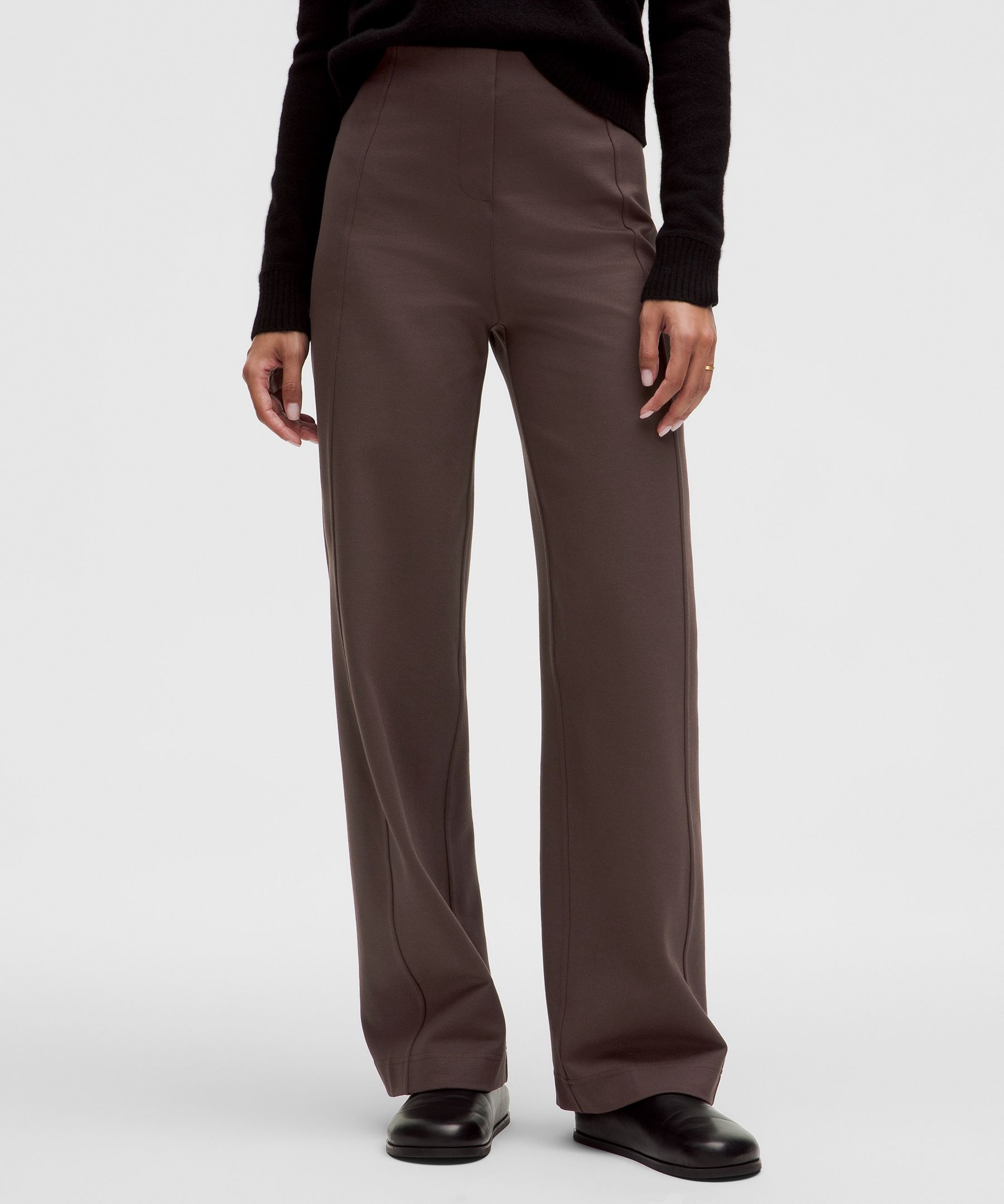 Stretch Knit Straight-Leg Pull-On Pant - Brown,Neutral