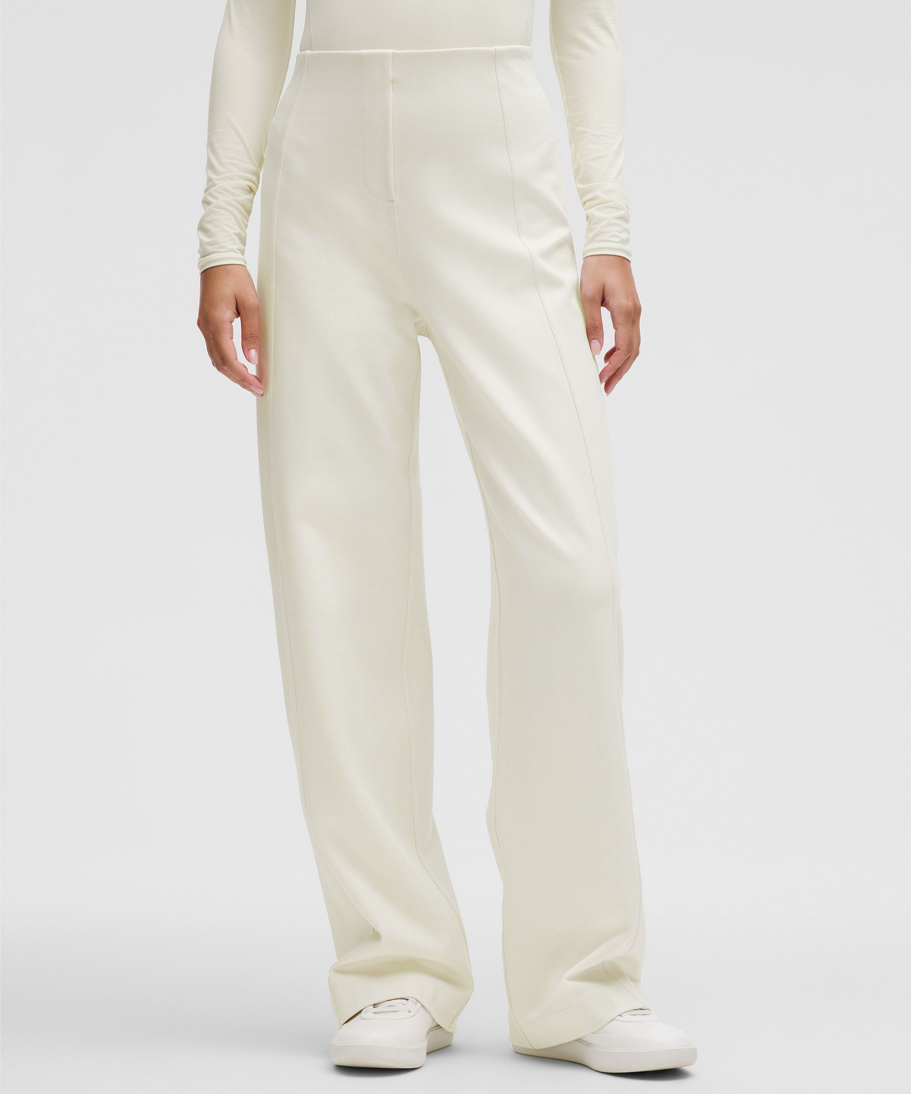 Stretch Knit Straight-Leg Pull-On Pant - White,Neutral