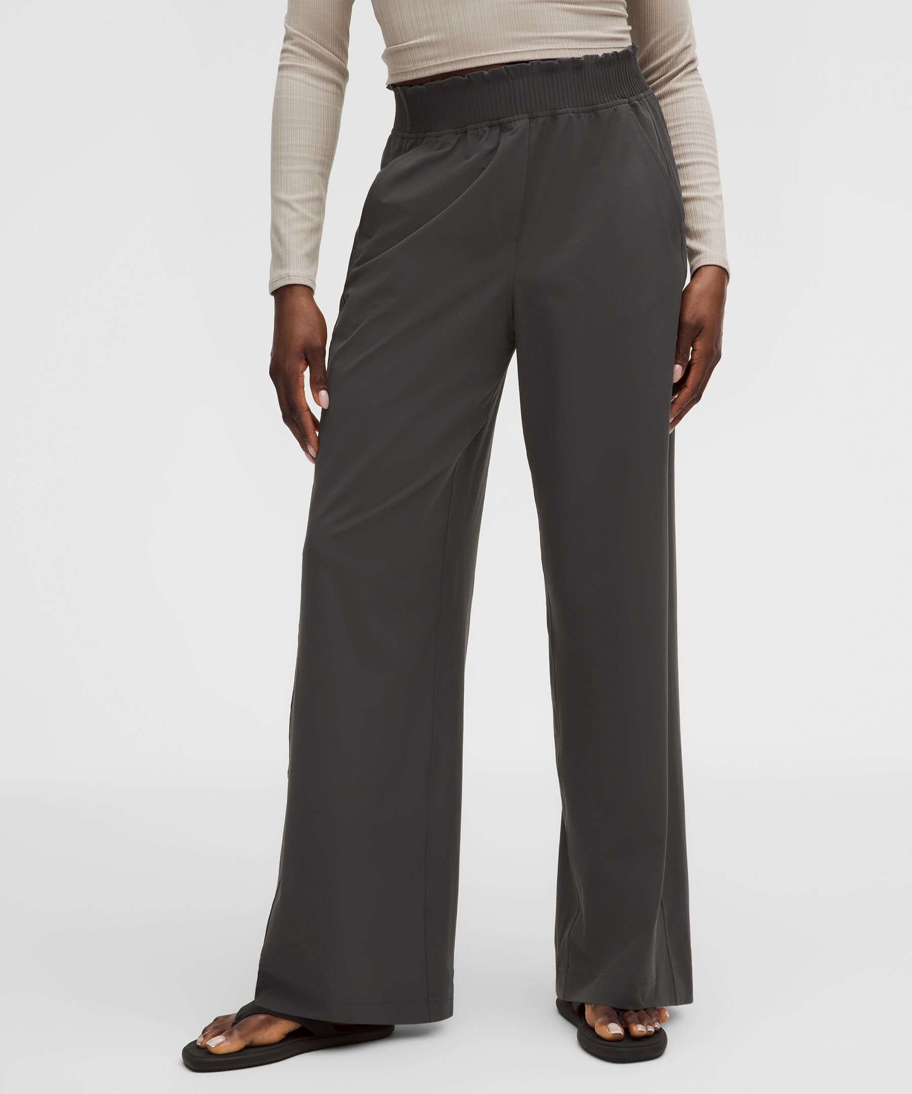 Stretch Woven Ruffle-Waist Wide-Leg Pant
