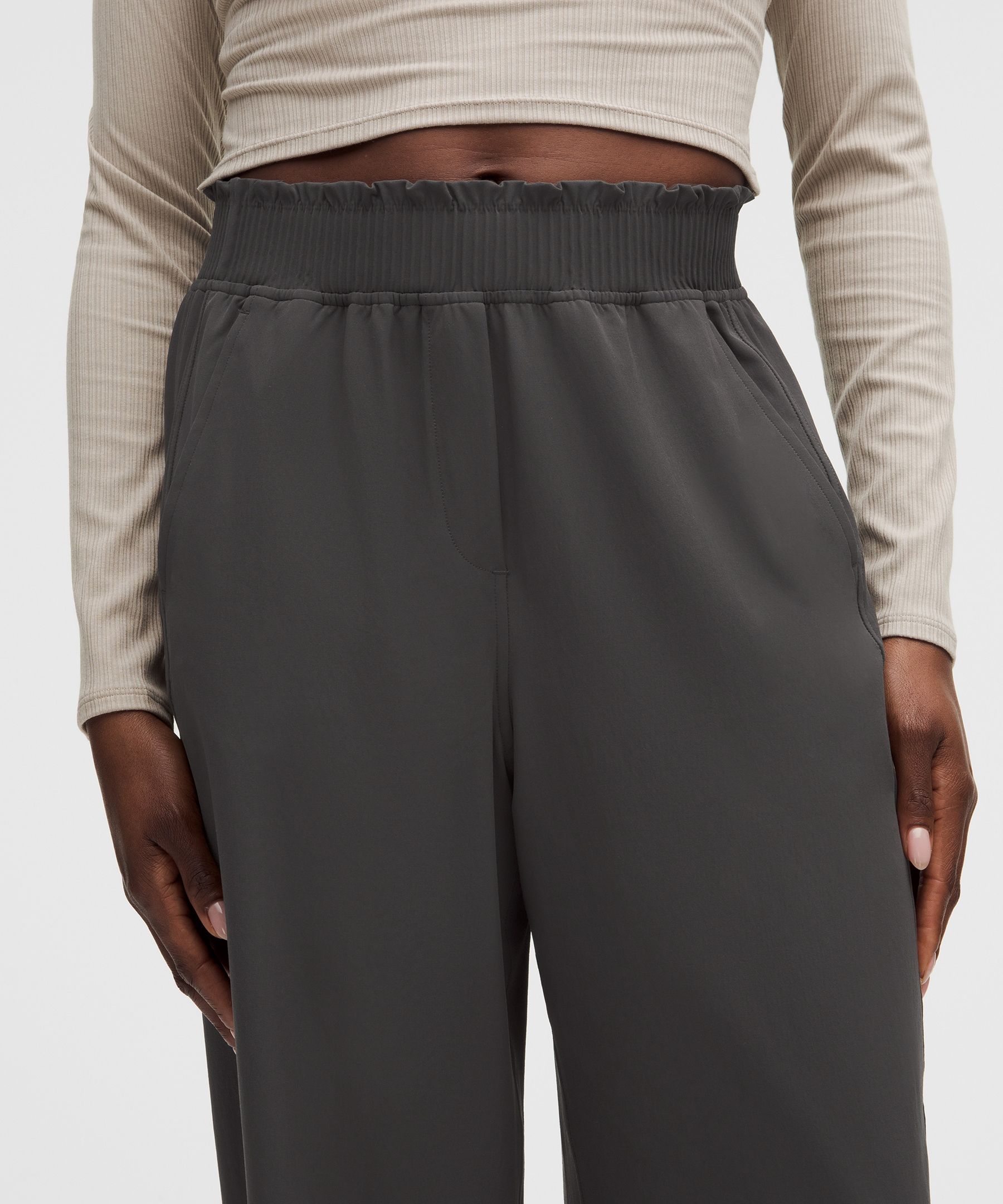Stretch Woven Ruffle-Waist Wide-Leg Pant