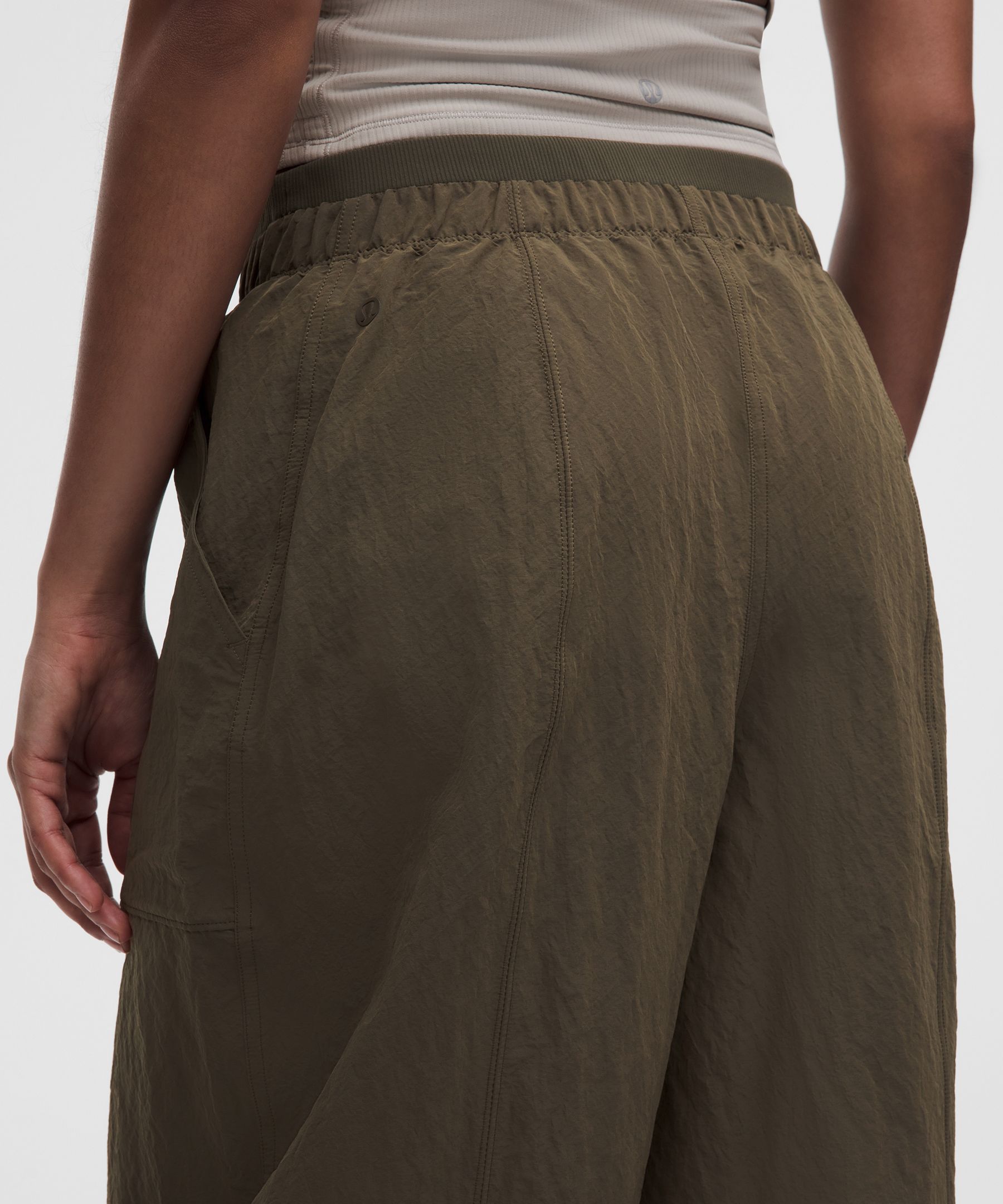 Crinkle Nylon Mid-Rise Barrel-Leg Pant