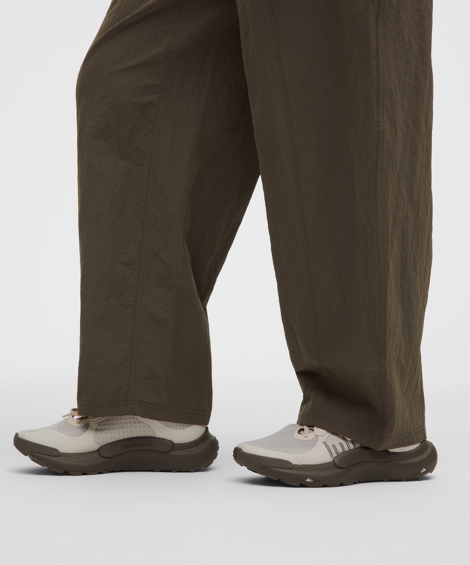 Crinkle Nylon Mid-Rise Barrel-Leg Pant