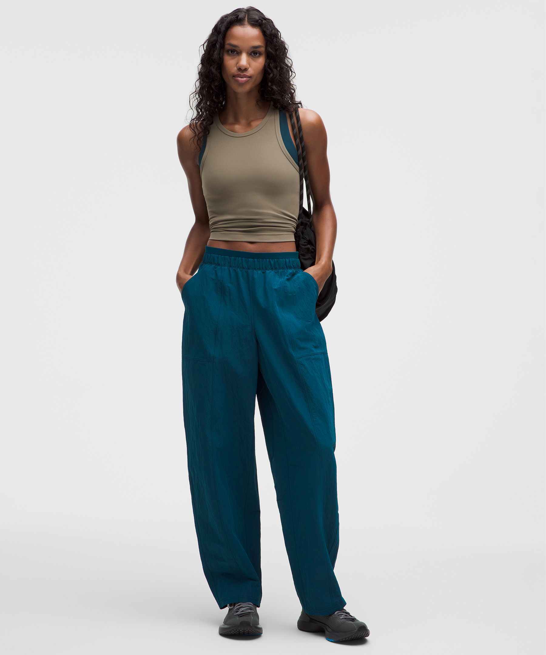 Crinkle Nylon Mid-Rise Barrel-Leg Pant