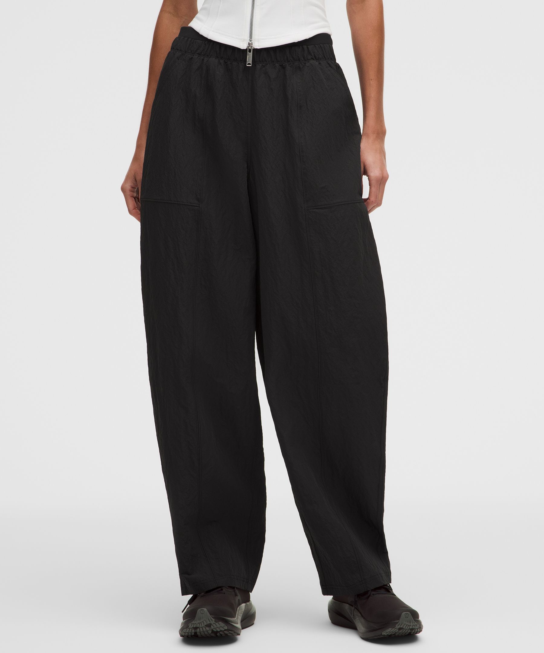 Crinkle Nylon Mid-Rise Barrel-Leg Pant