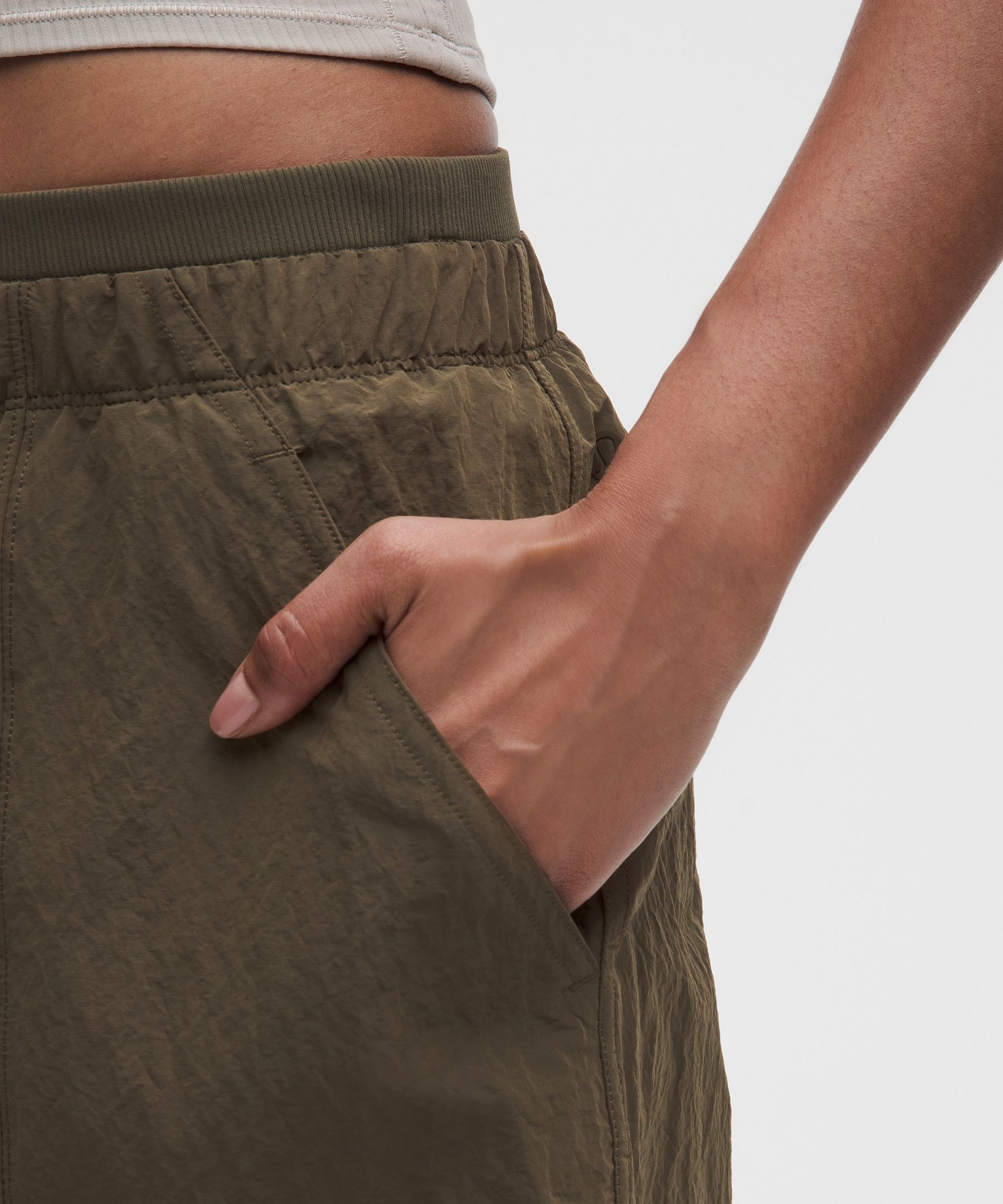 Crinkle Nylon Mid-Rise Barrel-Leg Pant
