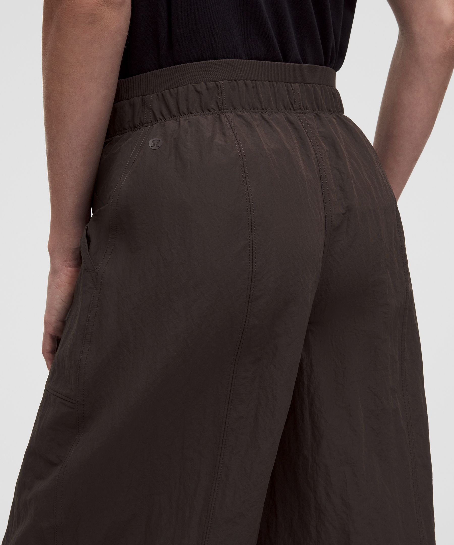 Crinkle Nylon Mid-Rise Barrel-Leg Pant