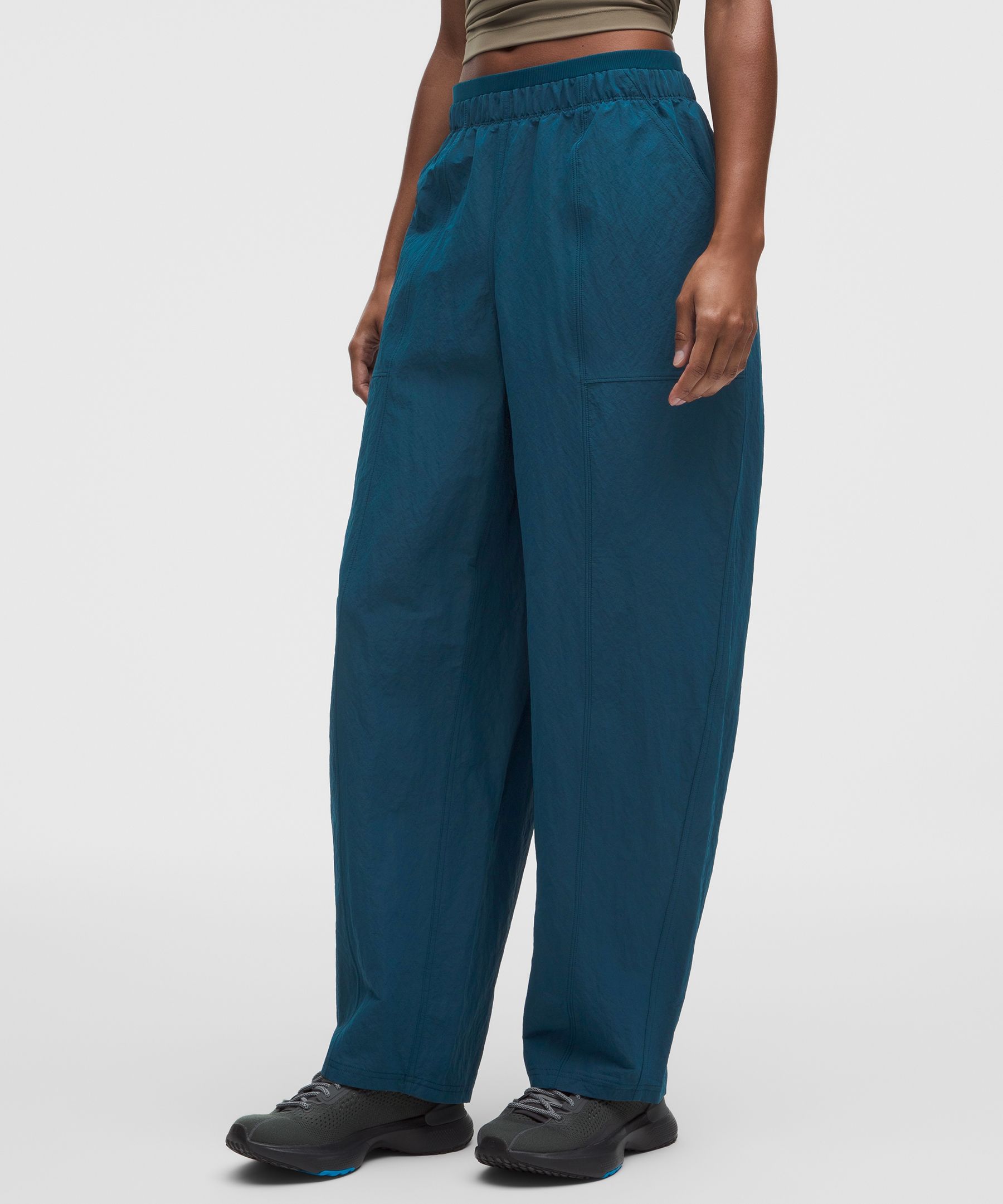 Crinkle Nylon Mid-Rise Barrel-Leg Pant