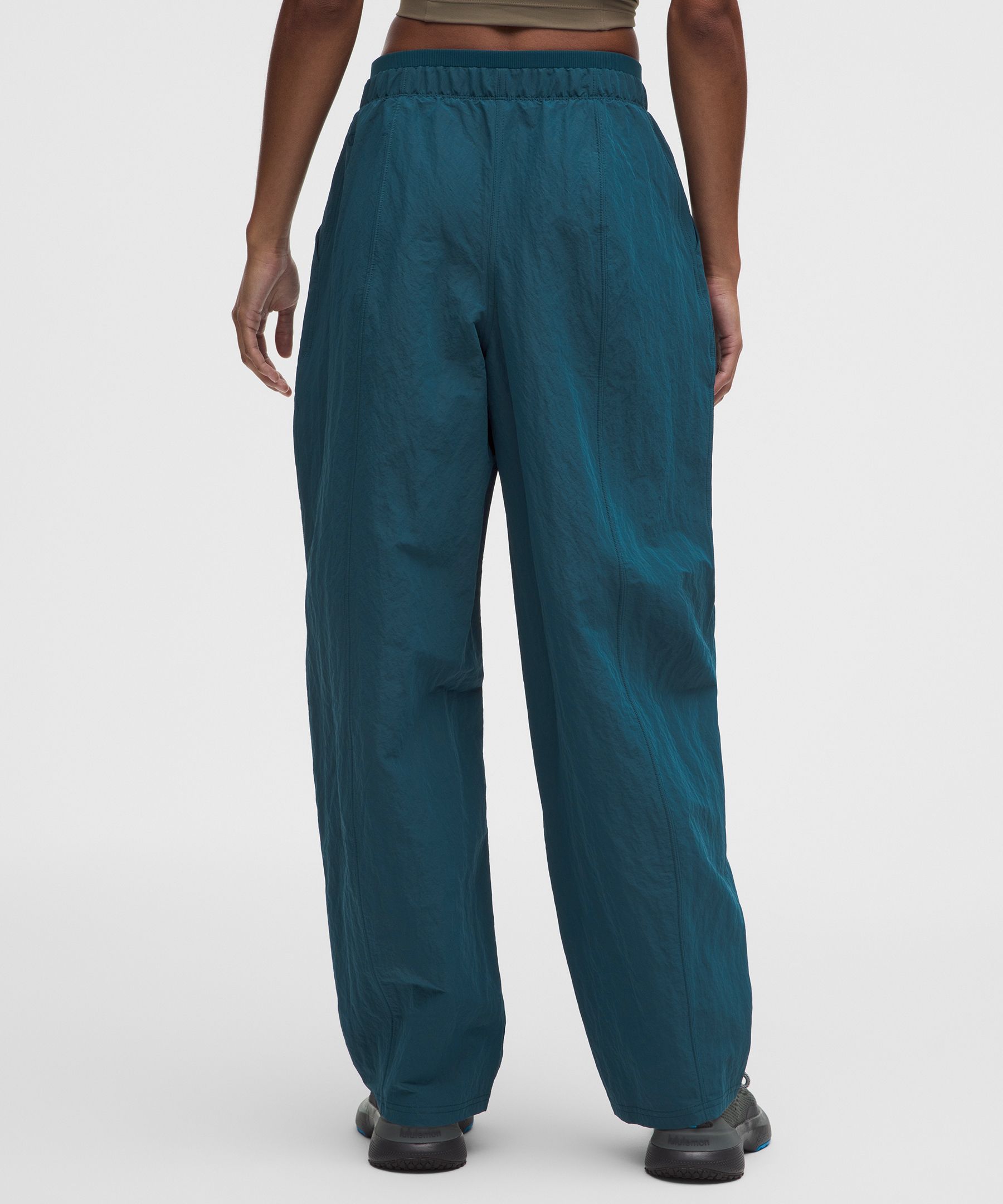 Crinkle Nylon Mid-Rise Barrel-Leg Pant