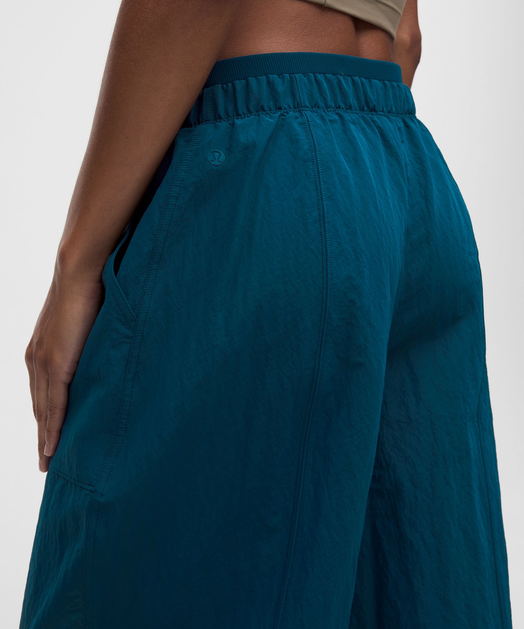 Crinkle Nylon Mid-Rise Barrel-Leg Pant