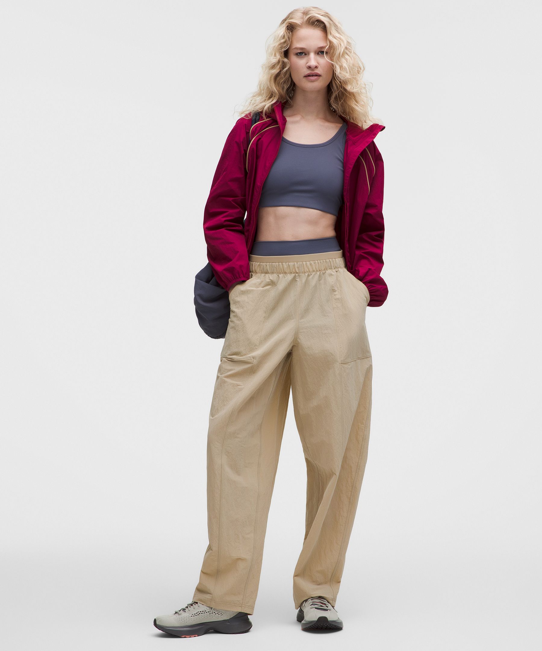 Crinkle Nylon Mid-Rise Barrel-Leg Pant