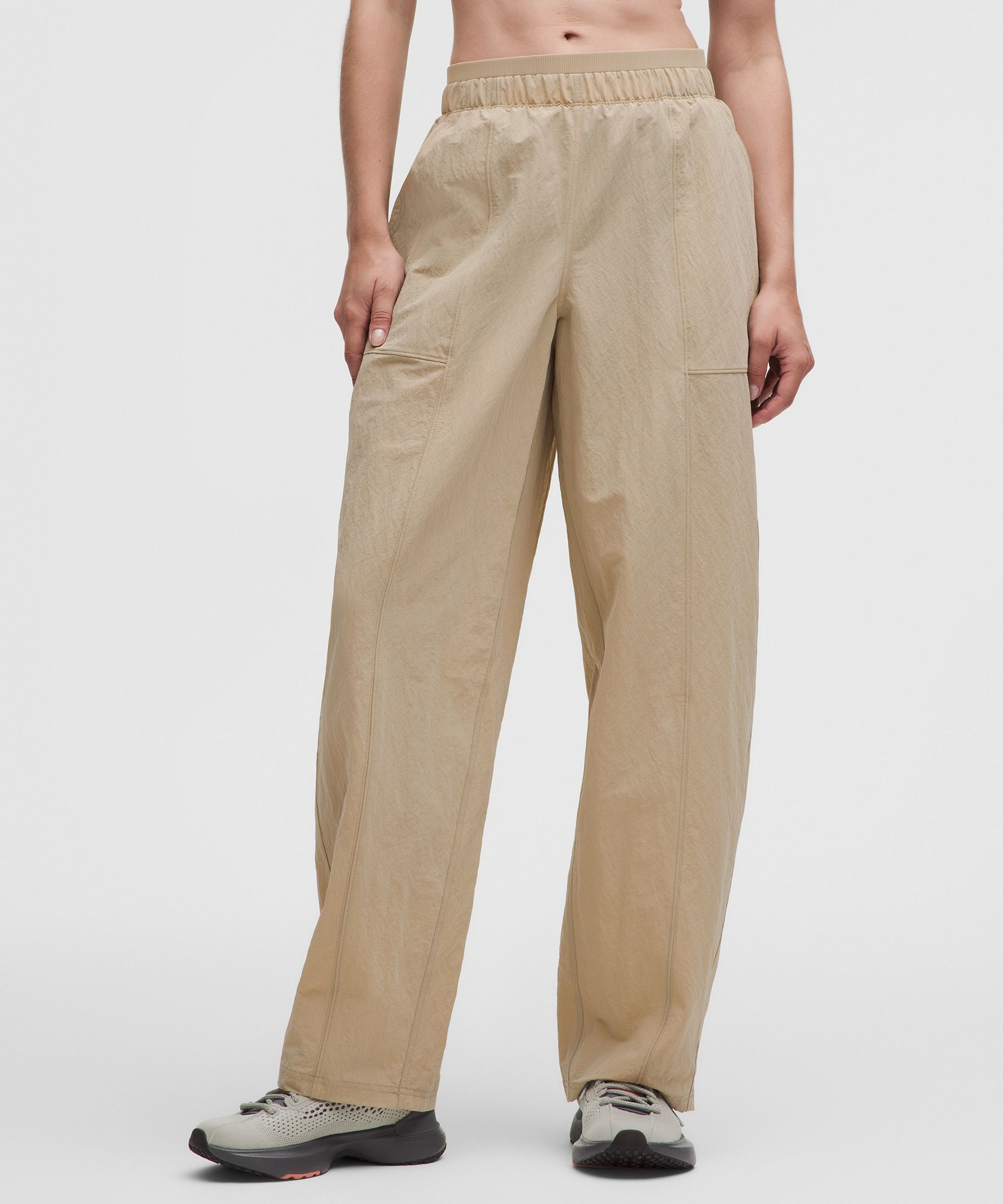 Crinkle Nylon Mid-Rise Barrel-Leg Pant