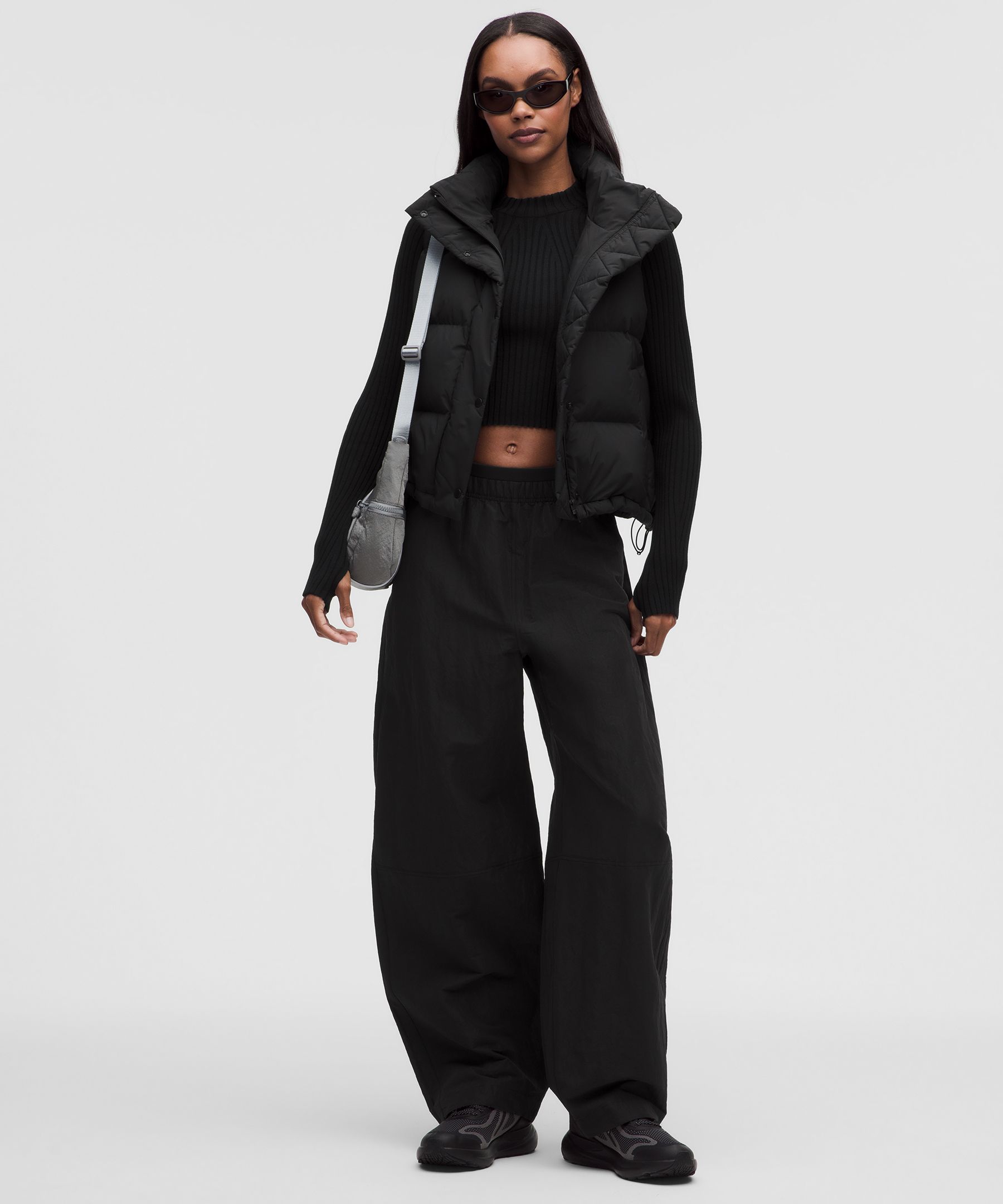 Crinkle Nylon Mid-Rise Barrel-Leg Pant