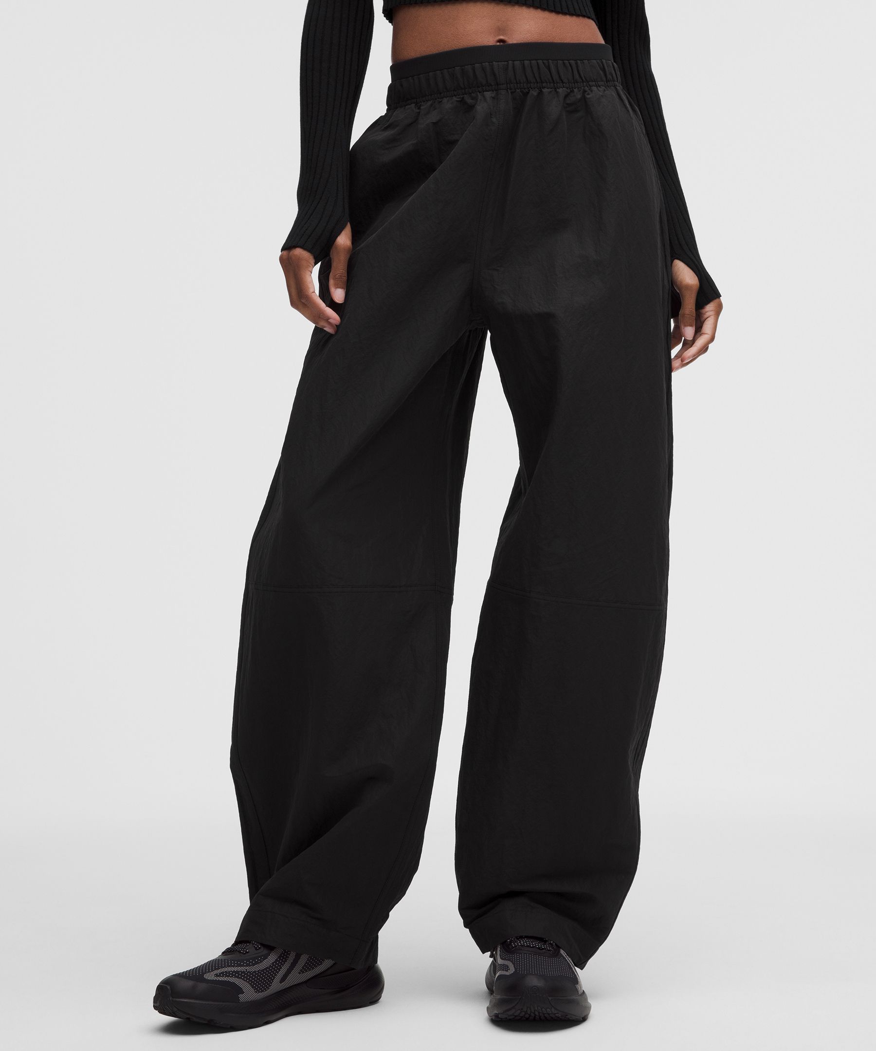 Crinkle Nylon Mid-Rise Barrel-Leg Pant