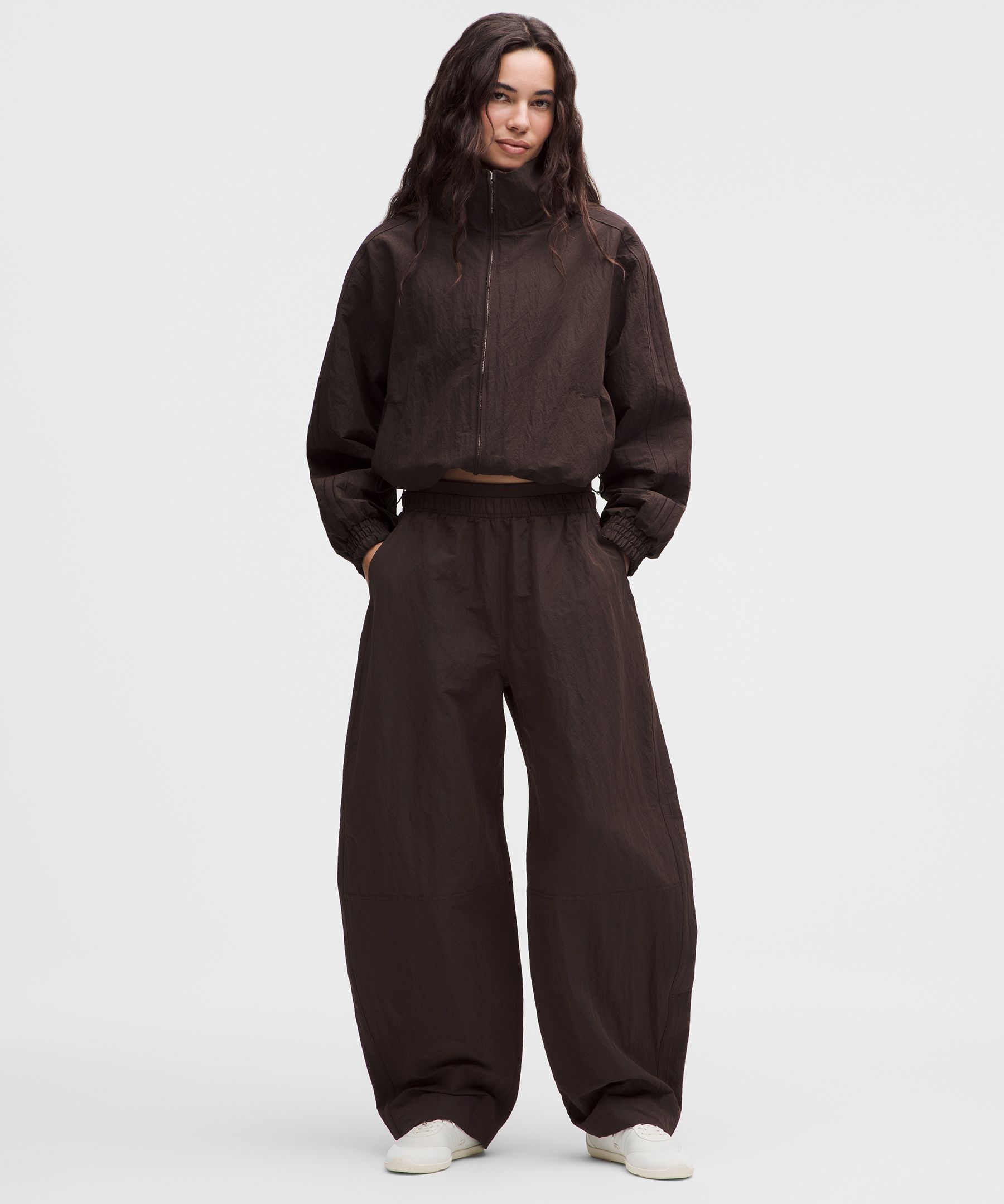 Crinkle Nylon Mid-Rise Barrel-Leg Pant