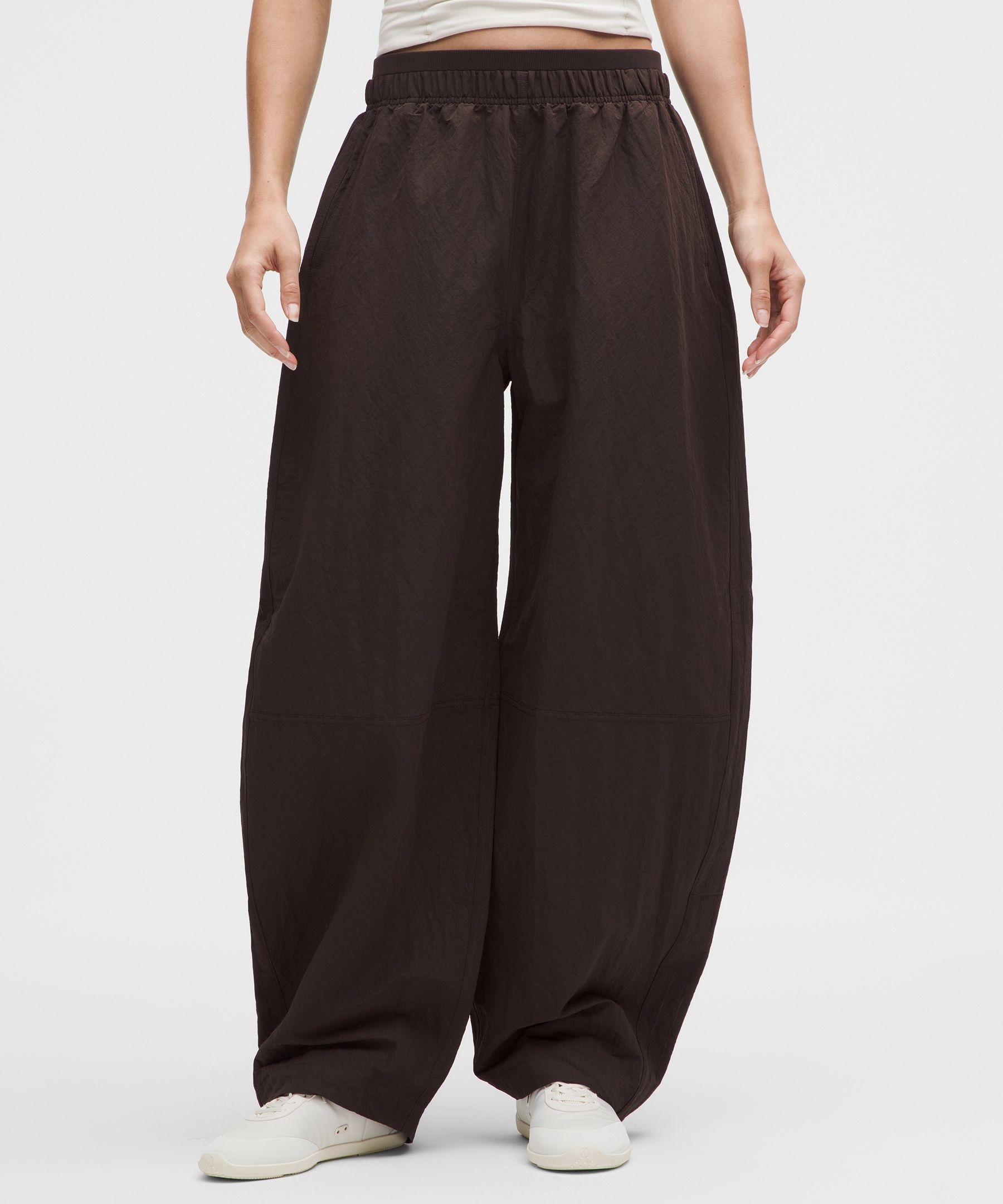Crinkle Nylon Mid-Rise Barrel-Leg Pant