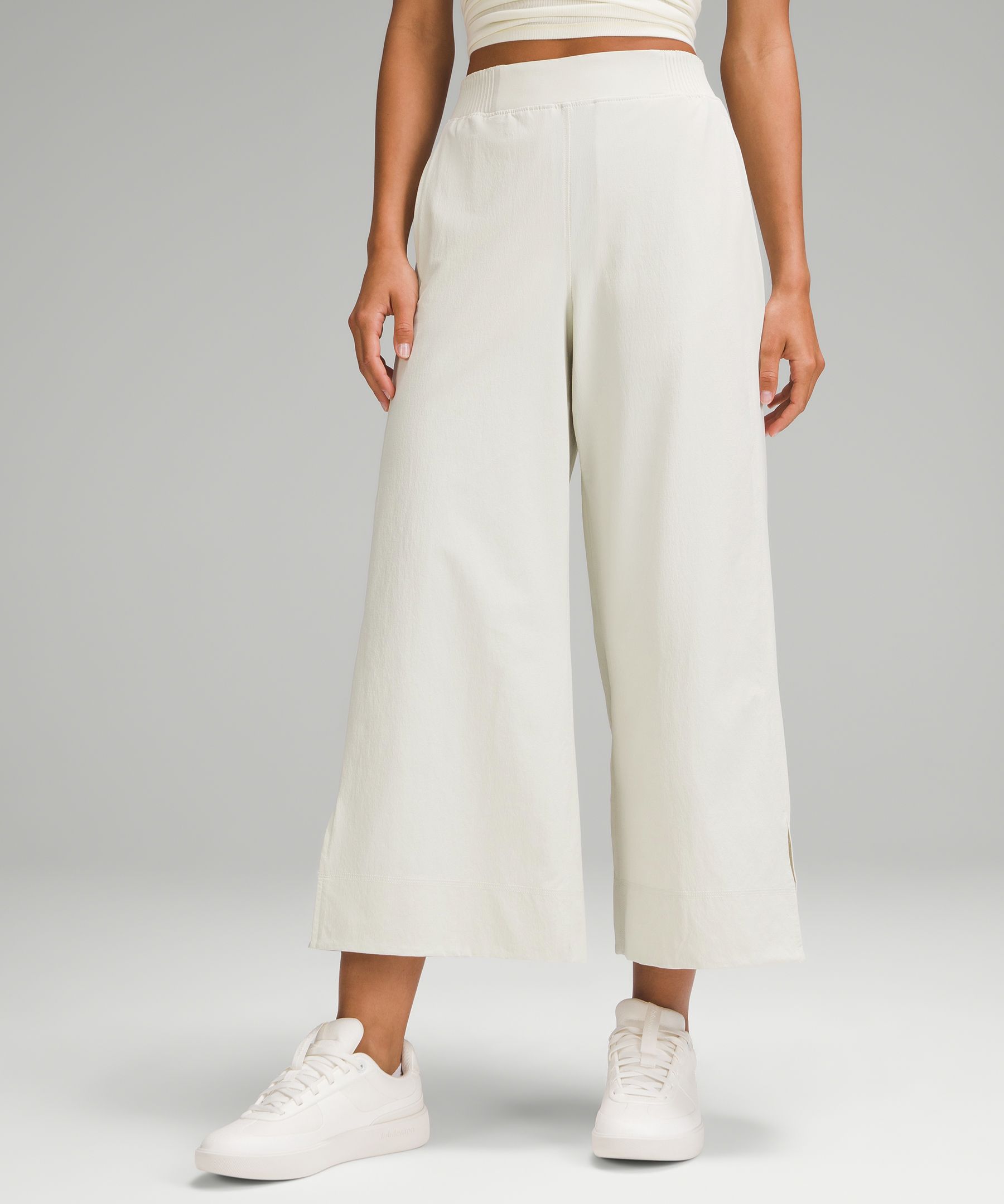 Stretch Woven High-Rise Wide-Leg Cropped Pant - White,Neutral